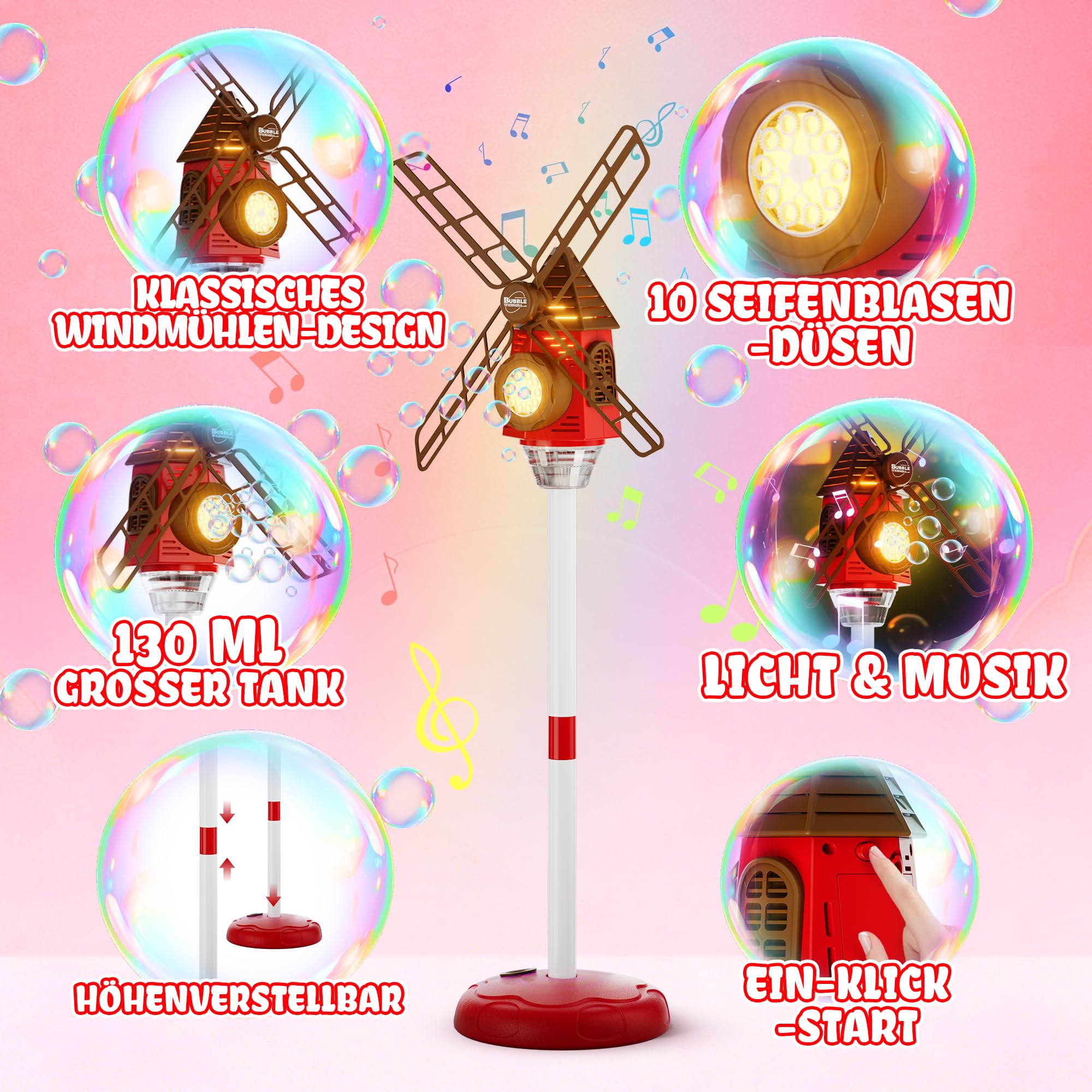 Belemar Windmühlen-Seifenblasenmaschine mit Licht und Musik, bis zu 1,3 m höhenverstellbar, 130-ml-Tank, batteriebetriebene Seifenblasenmaschine für Kinder, Geburtstage, Partys und Garten