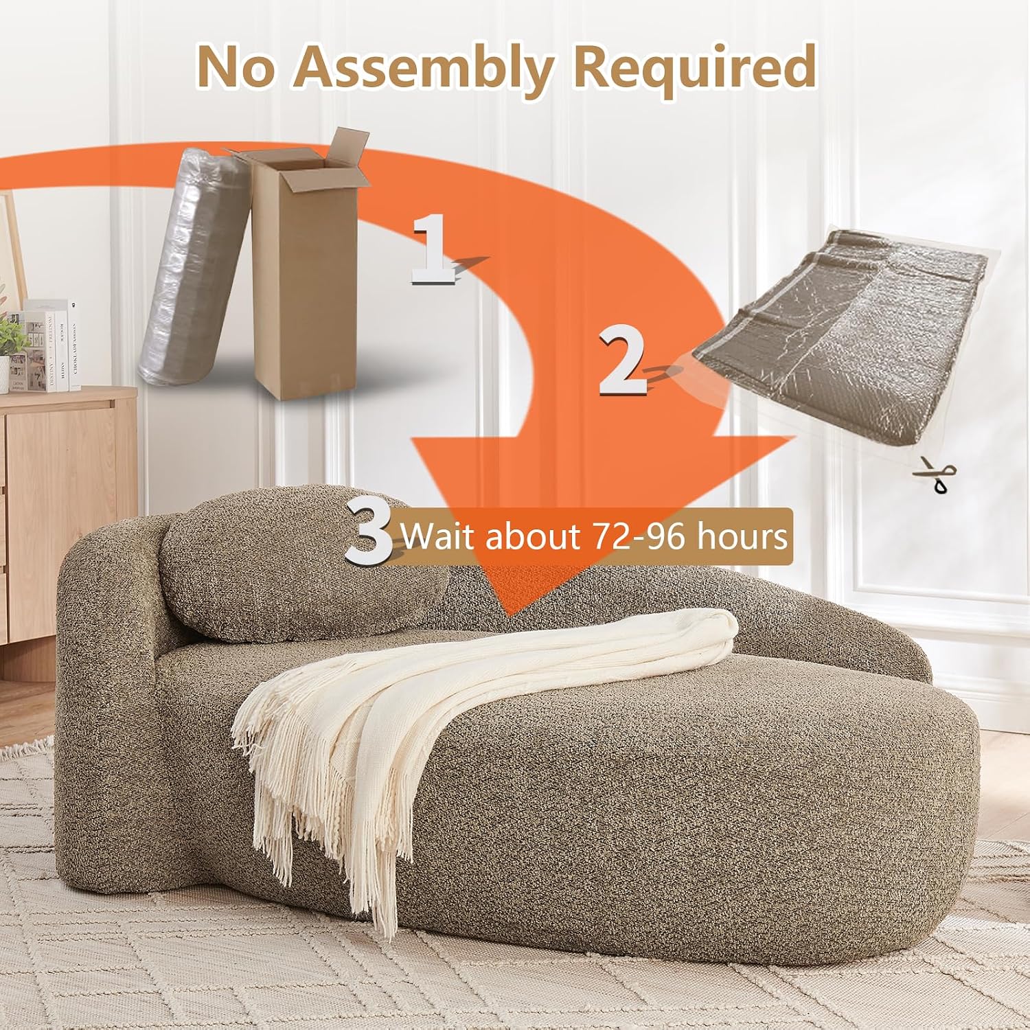 cinkehome Upholstered Chaise Lounge Indoor for Living Room Bedroom, Modern Oval Lounge Sofa with Left Armrest and Lumbar Pillow, Single Lounger for Small Space - 67" L, Brown Boucle