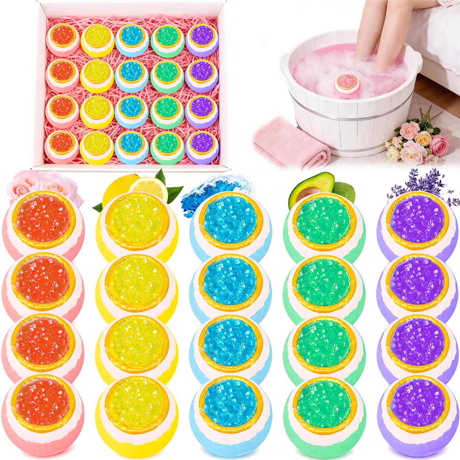 Bombas de baño para pies, paquete de 20 unidades con sal de baño. Aroma orgánico natural hecho a mano, bolas de burbujas de aceite esencial puro para callos de pie, agrietado seco, aroma persistente