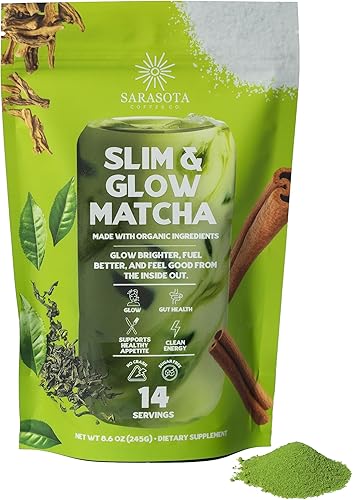 Slim & Glow Matcha Latte Powder – Péptidos de colágeno, matcha orgánico, fibra prebiótica de inulina, extracto de té verde, biotina – Salud