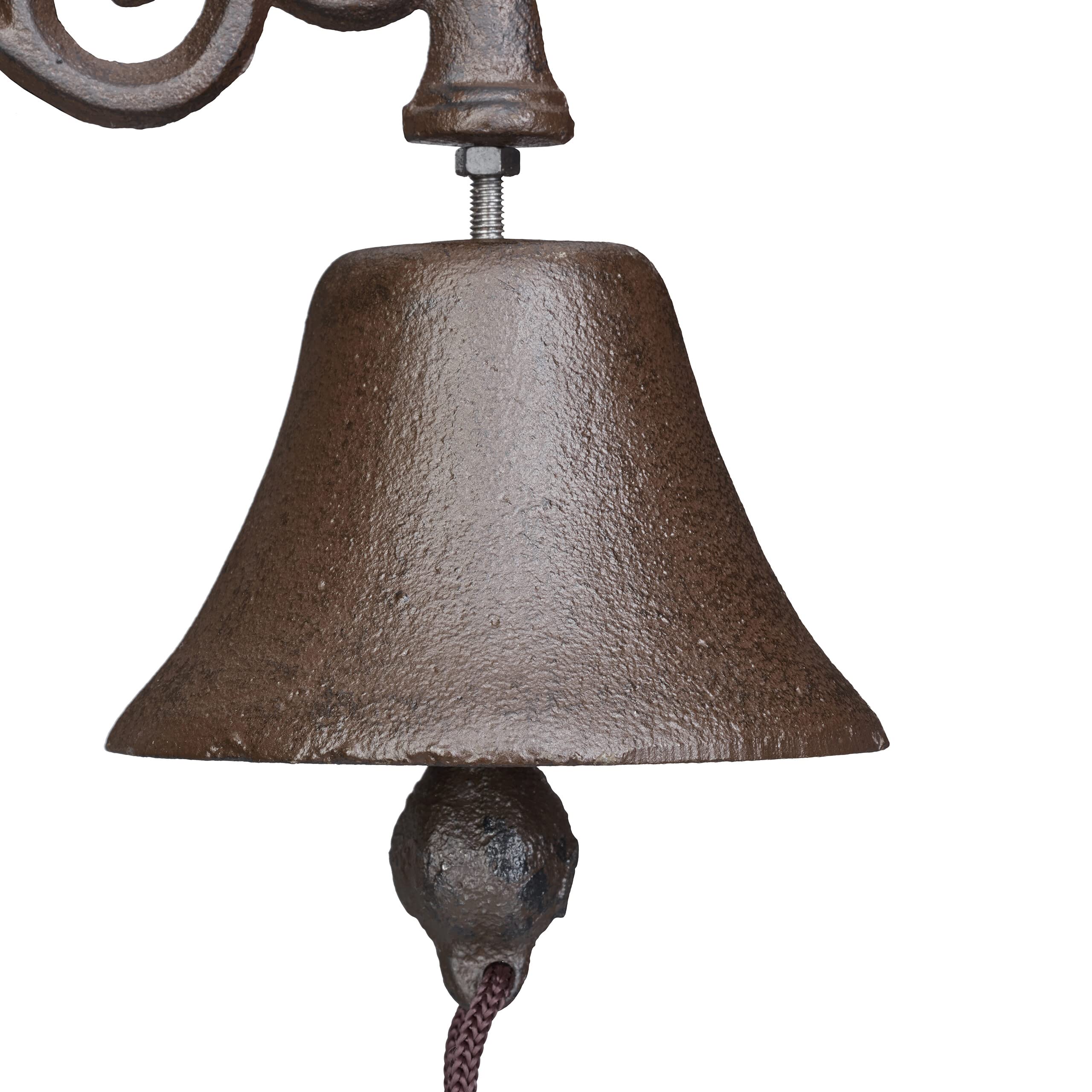 Relaxdays Dzwonek do drzwi żeliwny, antyczny design, dzwonek ogrodowy vintage, ze sznurkiem, dzwonkiem na zewnątrz, dzwonek ścienny, brązowy