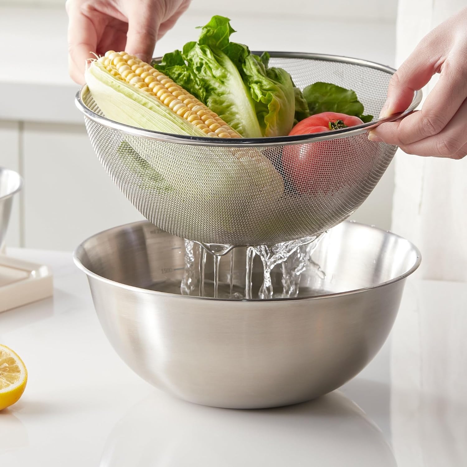 ステンレススチール排水バスケット漏斗、キッチン水切りボウル、2イン1フルーツ野菜洗浄食品ストレーナー、野菜フルーツサラダ用(19cm 【れる】