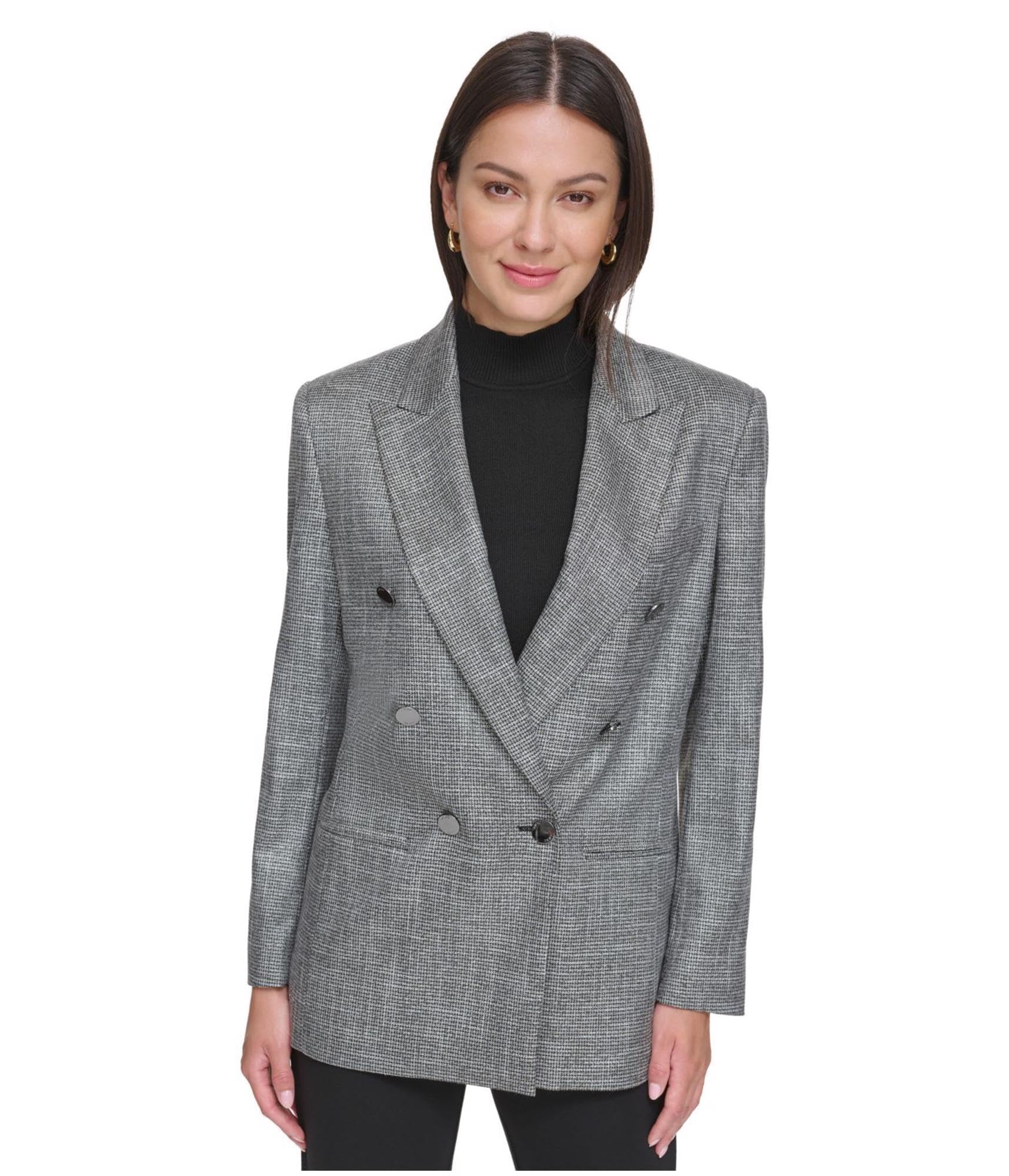 DKNY Womens Metallic Houndstooth Double Breasted Blazer Jacket Grey X-Large