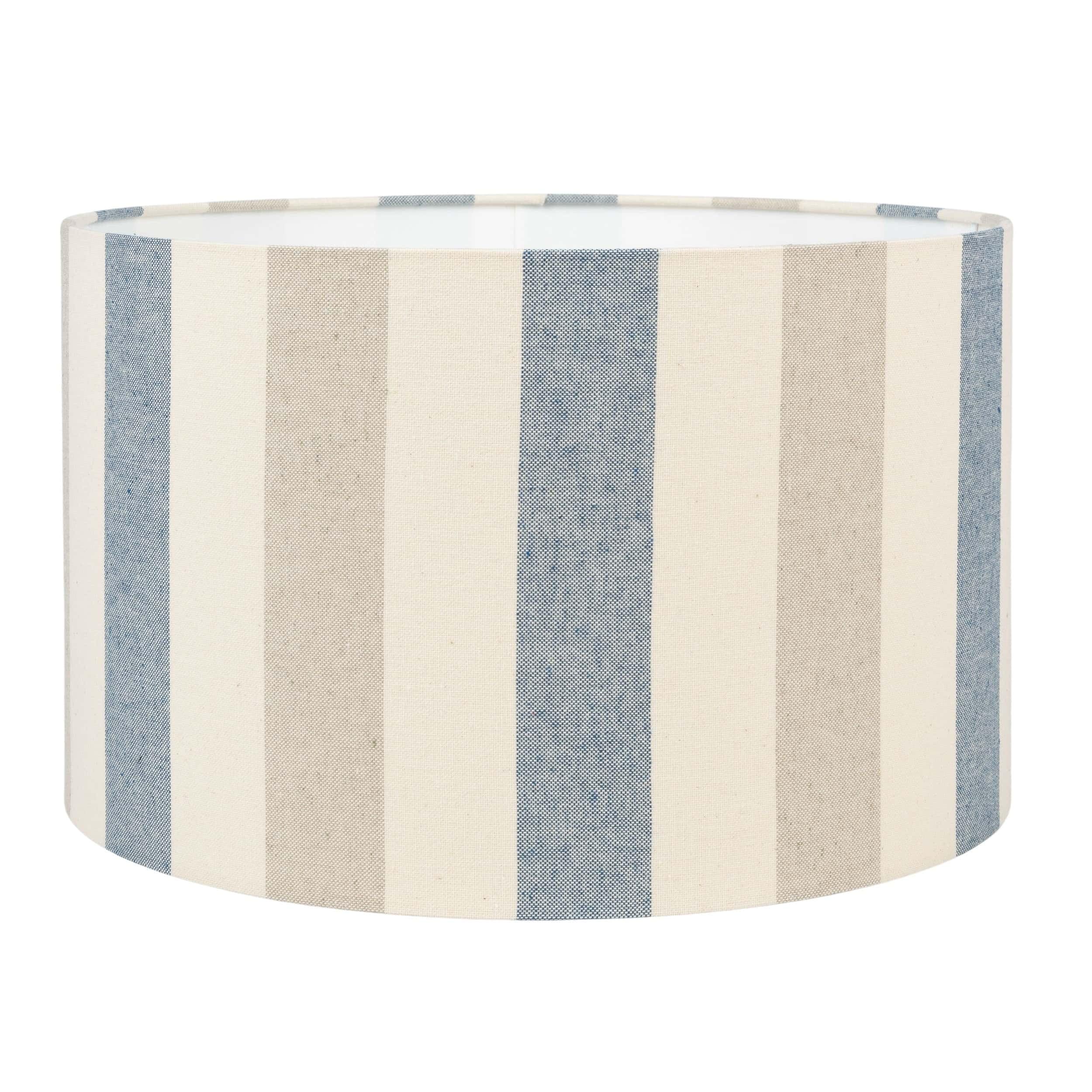 Nautical Harbour Stripe Lampshade. Denim Blue, Grey and Seafoam White Traditional Cylinder Style Shade. (Denim Blue, 30cm Table Lamp)