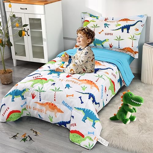 Miniatura 4 de Wowelife Juego de ropa de cama de dinosaurio para niños pequeños, juego de ropa de cama de dinosaurios azules y blancos para niños pequeños, juego