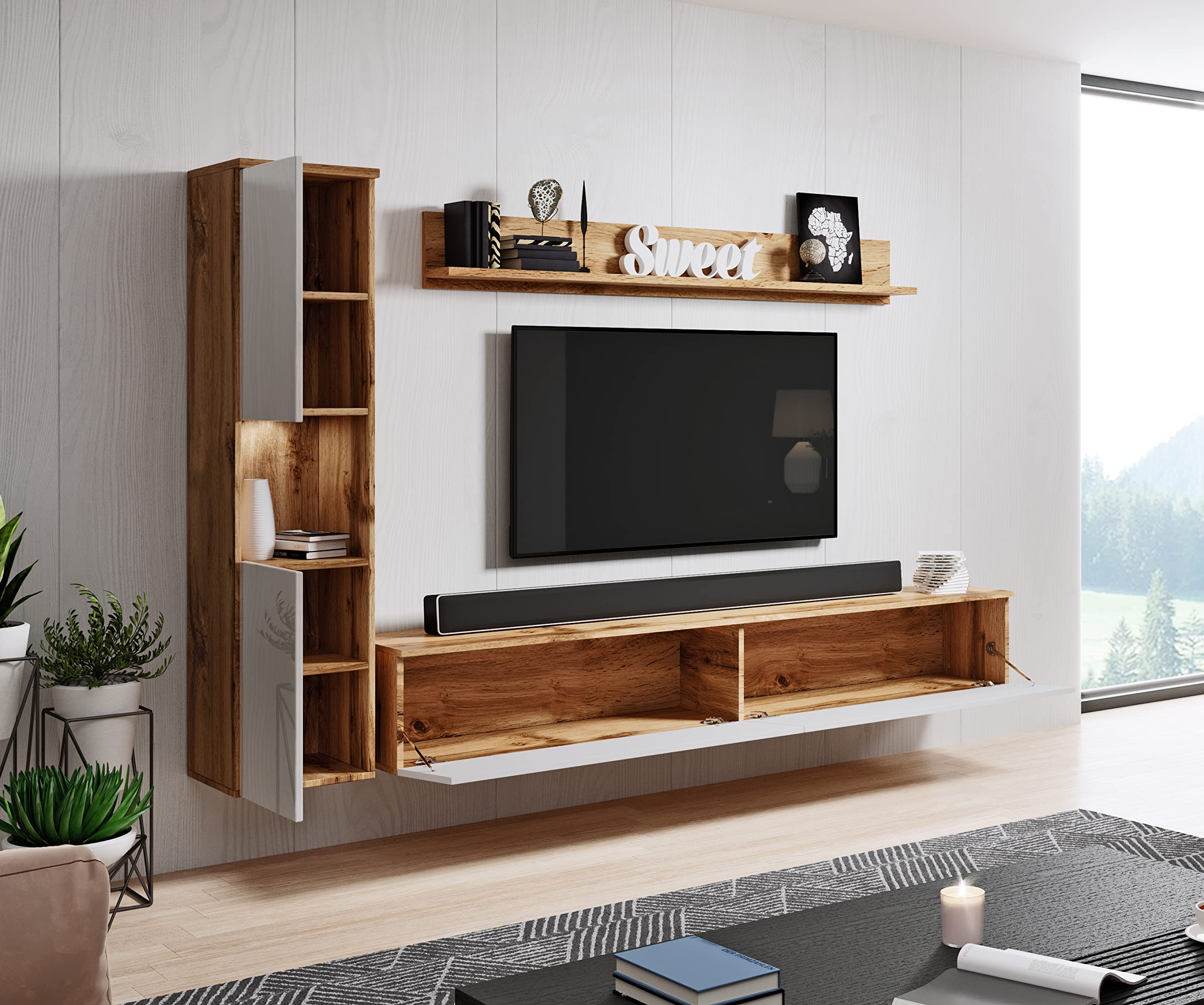 PIASKI Ensemble de meubles de salon Paris avec éclairage LED en option (Wotan/blanc brillant)