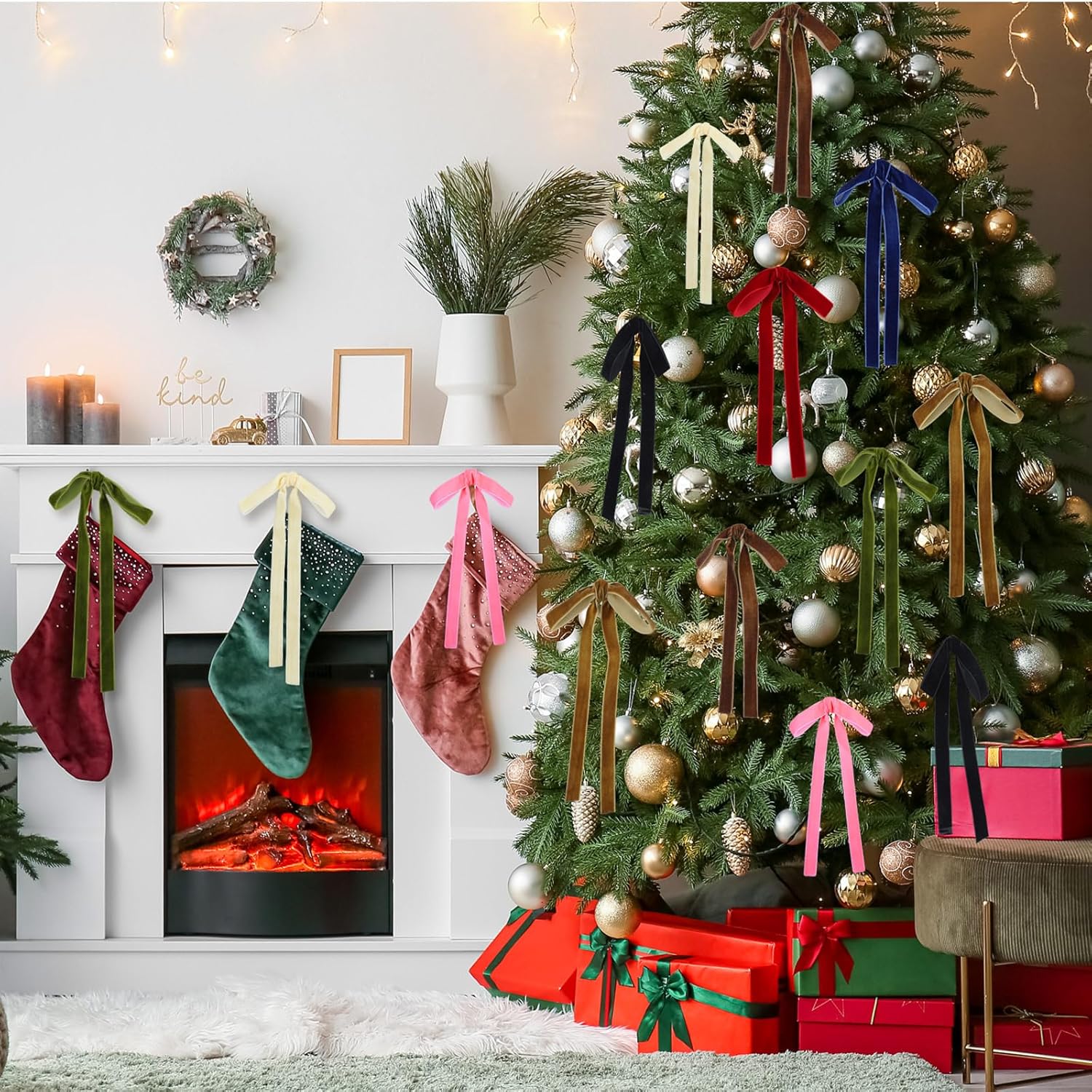 Colorful 24 Pcs Velvet Bows Christmas Tree Ornaments Valentines Day Bows Decoration for Garland Home Coquette Wedding Decor (9 x 13 Inch,Width of 1") - Image 5