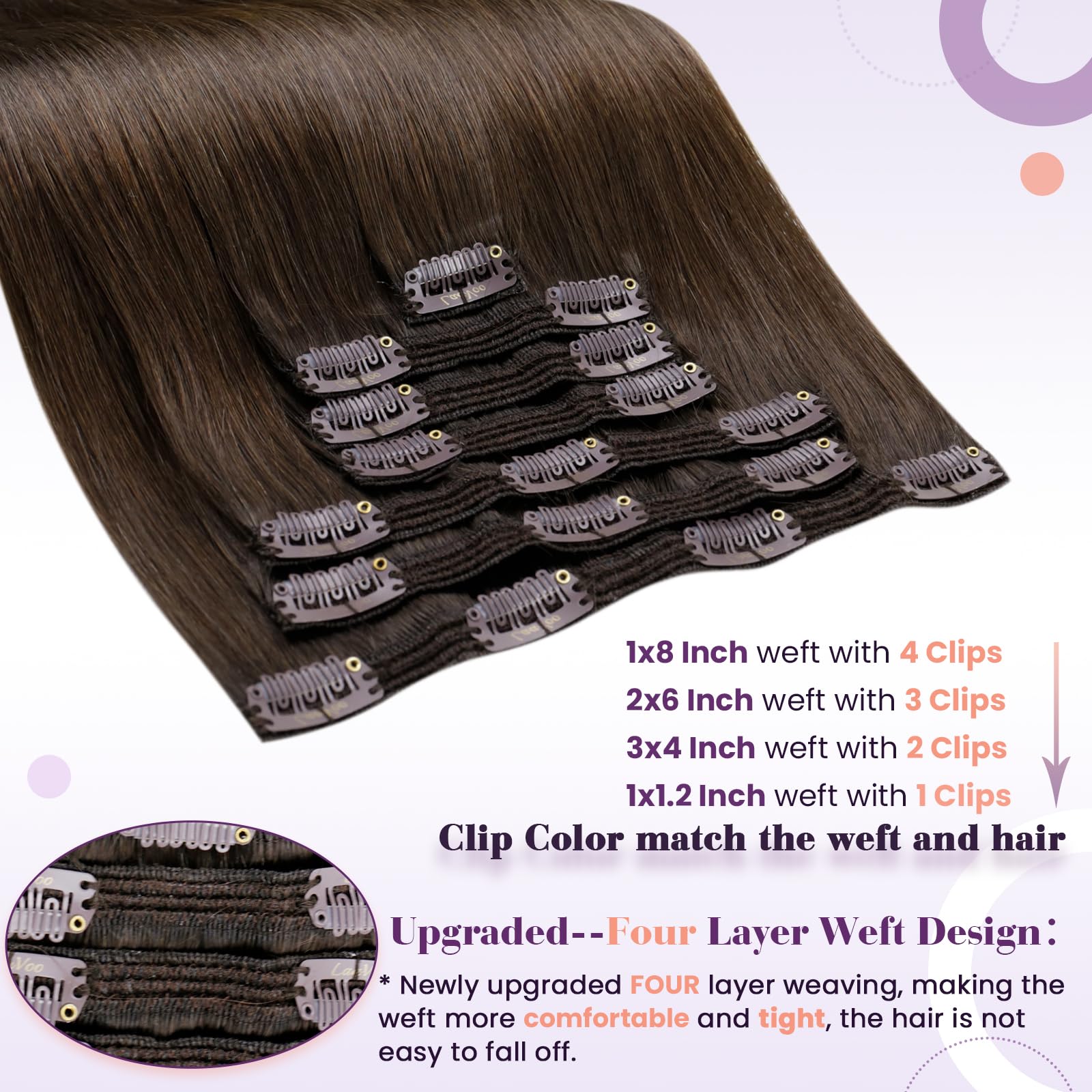 LaaVoo Hair Extensions Clip in Real Human Hair Brown Clip in Hair Extensions Dark Brown Full Head 24 Inch 150g 7pcs Remy Straight Hair Double Weft #4 - Image 3