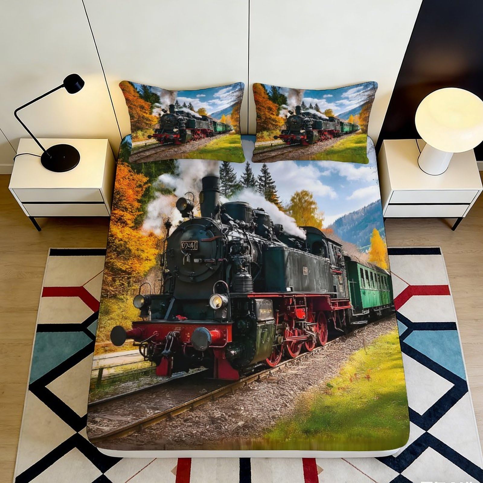 Pnayamiorkfel Style-5 3D Printed Retro Steam Train Fitted Sheet Microfiber Autumn Railway Bed Cover For Bedroom Guest Room Decor 90X200x25cm