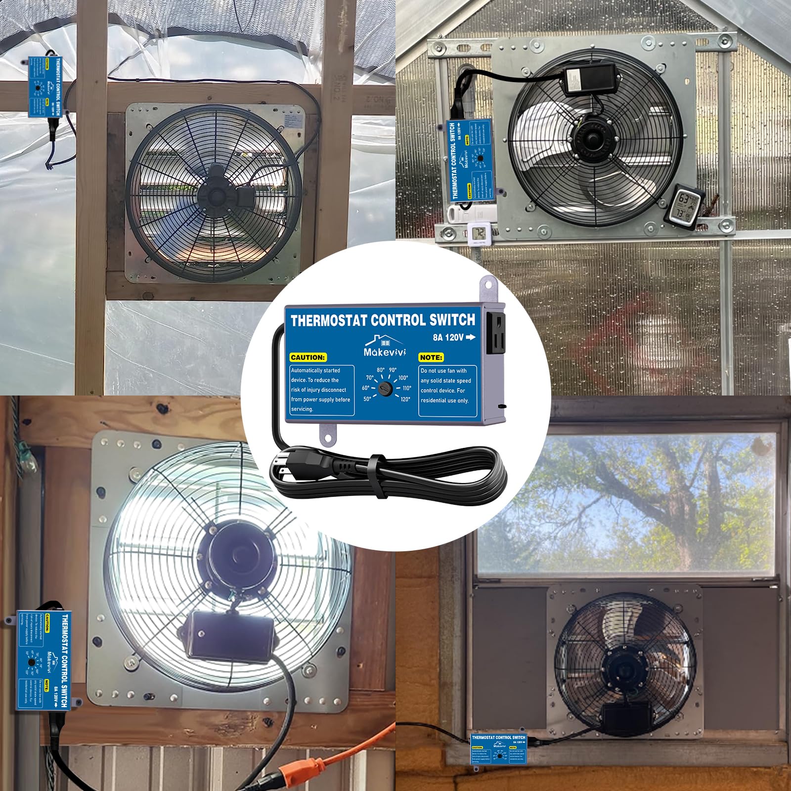 Paquete de 2 controladores de termostato para ventilador de ático, interruptor de control de temperatura ajustable con enchufe, protector de sobrecarga y sobretensiones, termostato de ventilador de