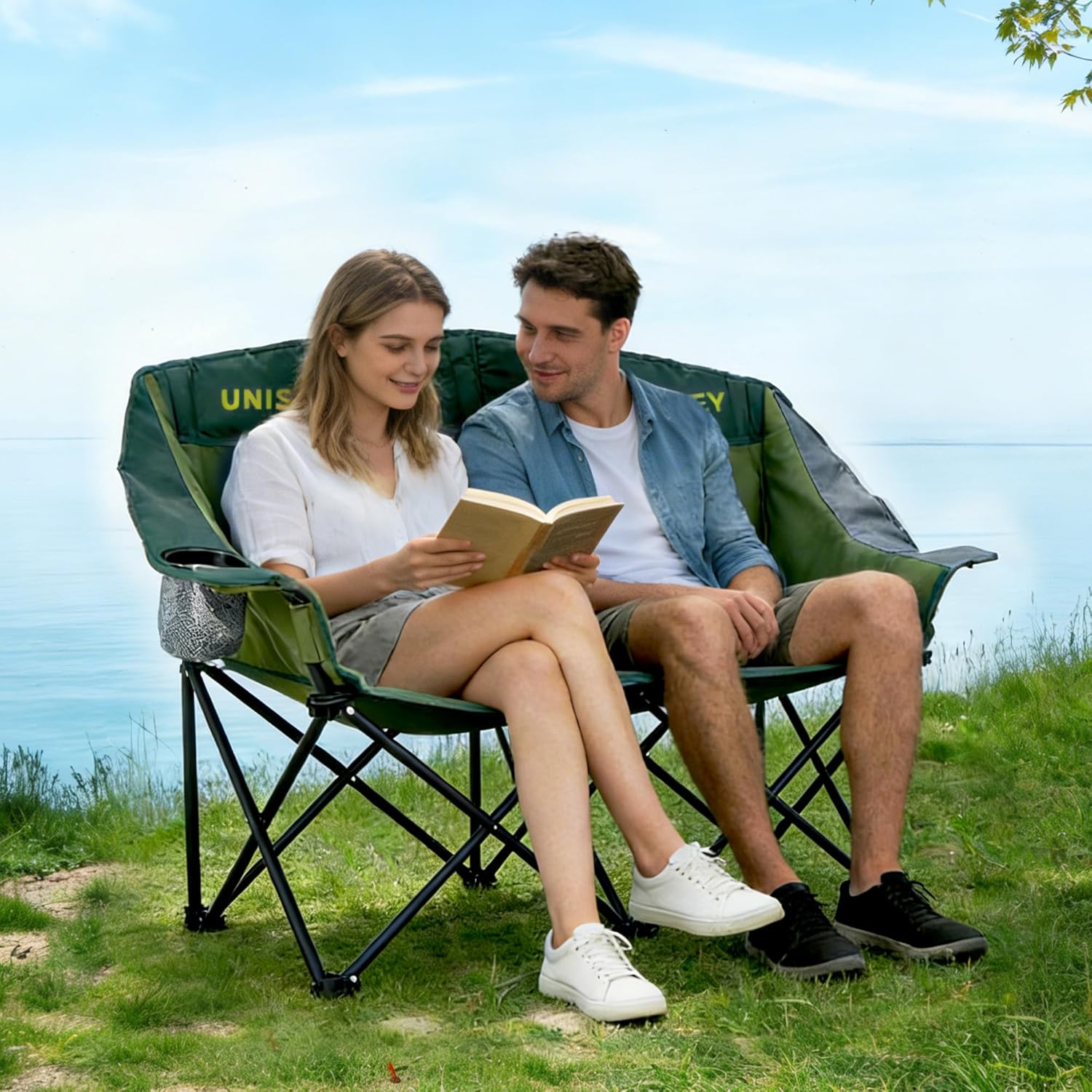 Unisakey Double Camping Chair, Oversized Padded Loveseat, Heavy Duty 600LBS Folding Chair with Cup Holders & Carry Bag, 600D Oxford Portable Outdoor Chair for Hiking/Backyard/Sports/Fishing, Green