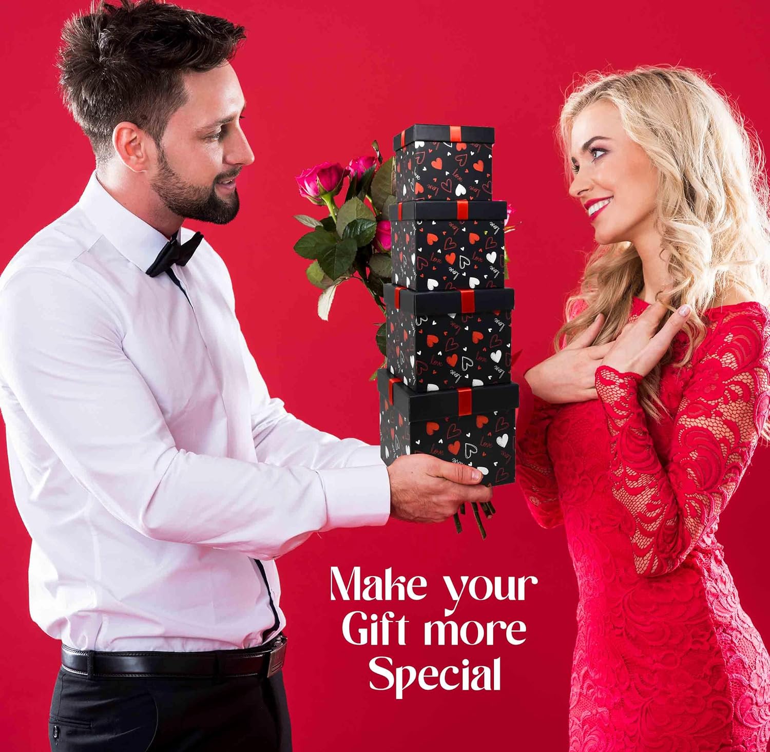 Gift Boutique 4 Pack Valentine Nesting Boxes with Bow Lids Black Red Hearts Stacking Square Box Gifts Presents Wrapping Birthday Wedding Party Decor - Image 4
