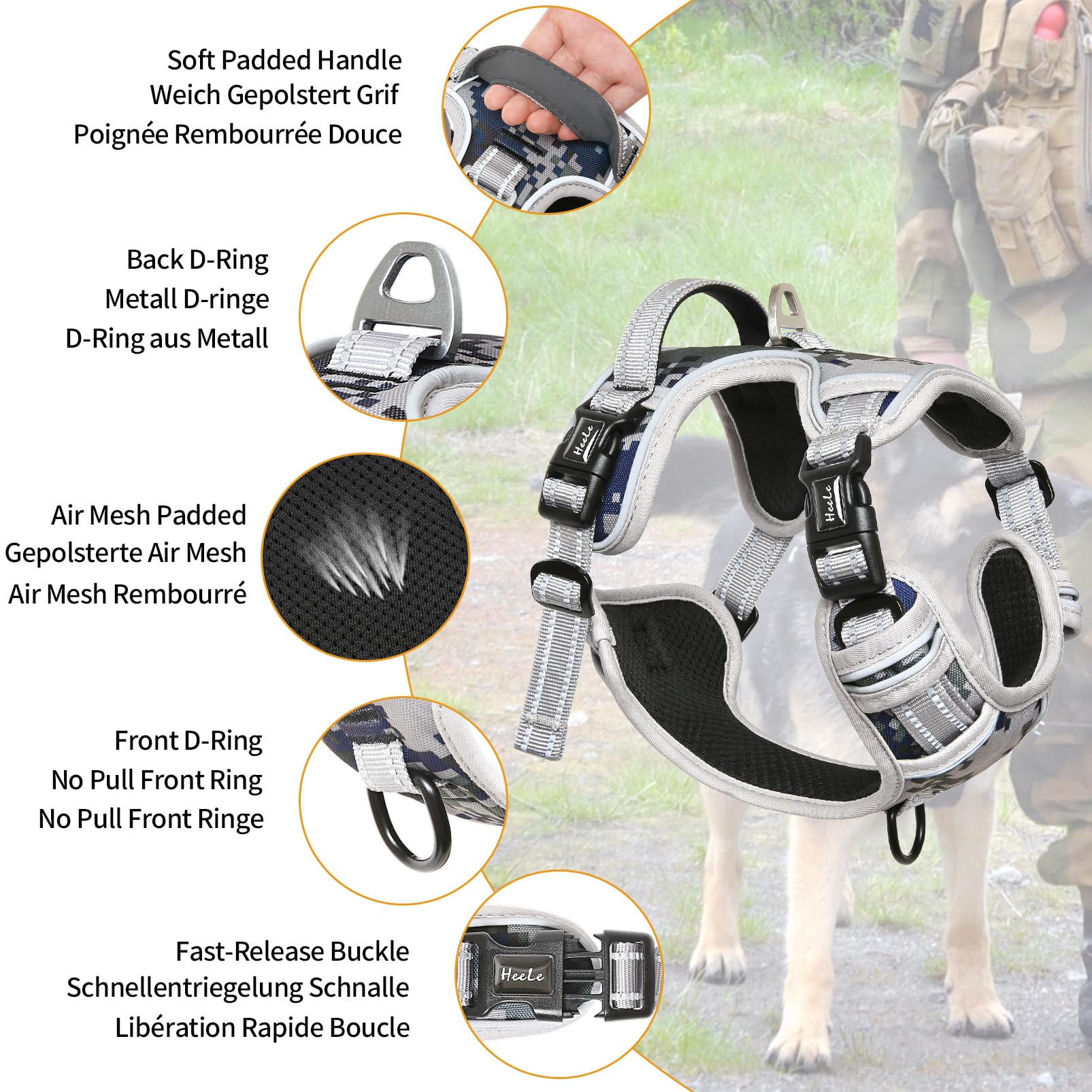 HEELE Pettorina Cane, Imbracatura Sganciata Rapido dal Collo, Pettorina Anti-tiro Riflettente e Regolabile con Maniglia Comoda, Morbida e Imbottita per Cani Piccola Media Grande, Mimetico Grigio S