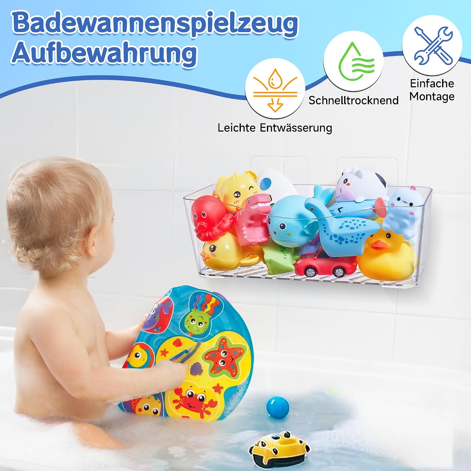 Antimbee Clear Bath Toy Storage, 2 Pack | Large Capacity, Quick Dry, No Drill Adhesive, Shower Caddy, For Baby Toddler Kids