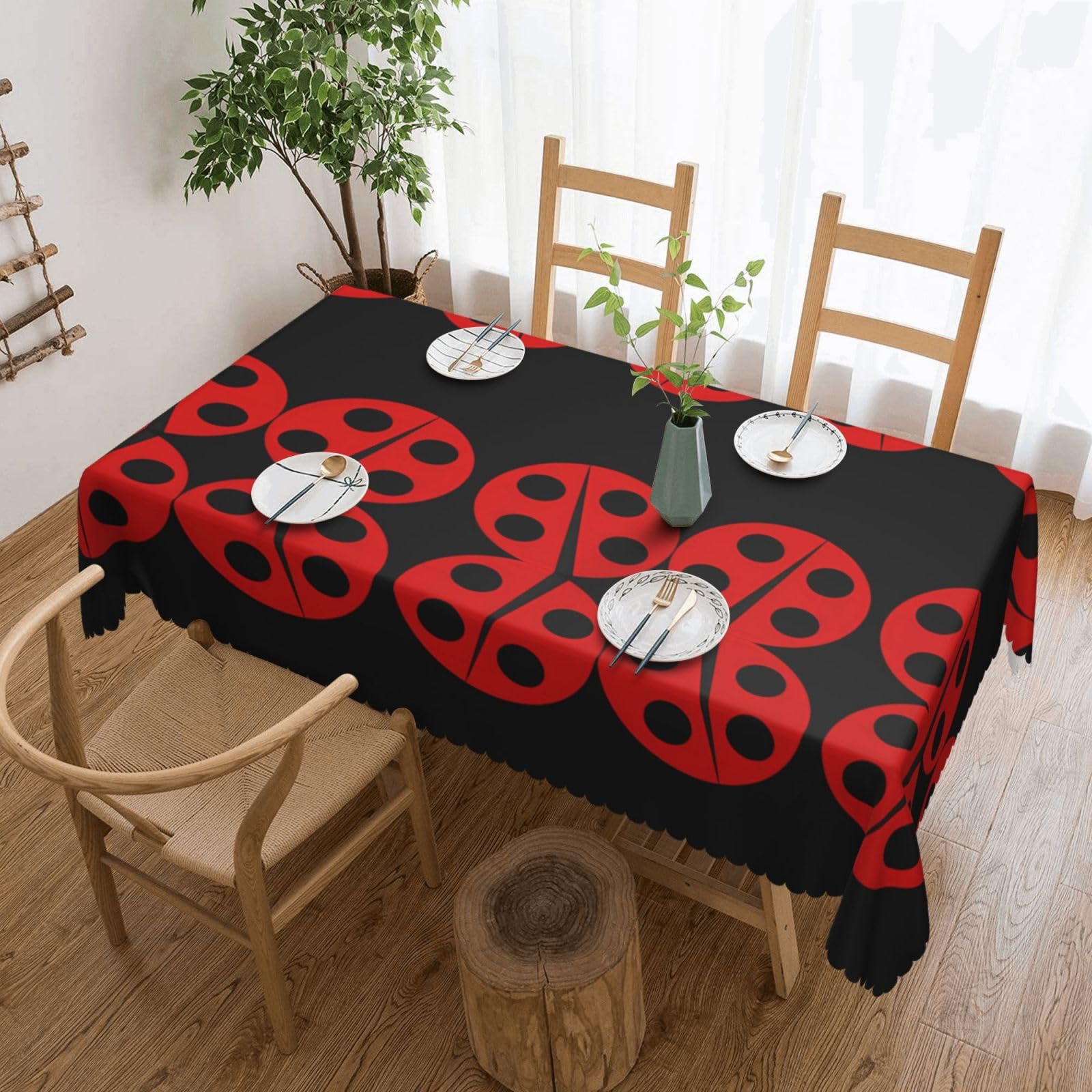 QAZWZML ladybug Printed tablecloth, made of thick polyester with lace trim, suitable for dining rooms, picnics, and weddings