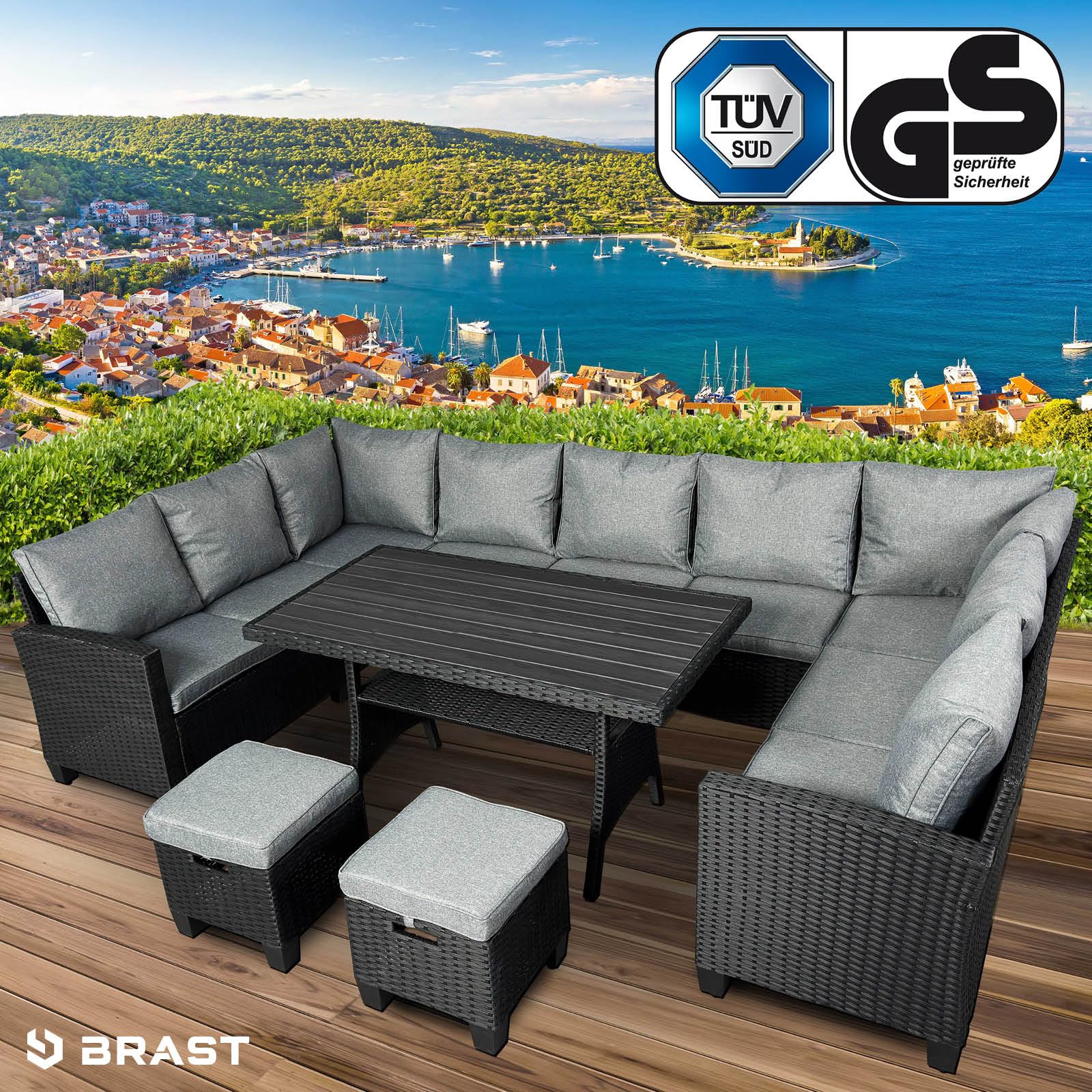BRAST Gartenmöbel Set Family | bis zu 11 Personen viele Farben | inkl. extra Dicke Kissen | TÜV geprüft | Outdoor Loungemöbel Sitzgruppe Essgruppe Garnitur