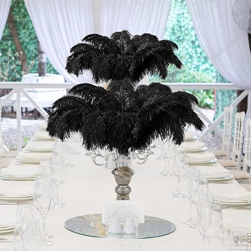 Miniatura 5 de Lyrow 25 plumas de avestruz negras a granel de 10-12 pulgadas (9.8-11.8 in) incluyen 12 plumas naturales para jarrón, 12 palos y cinta para