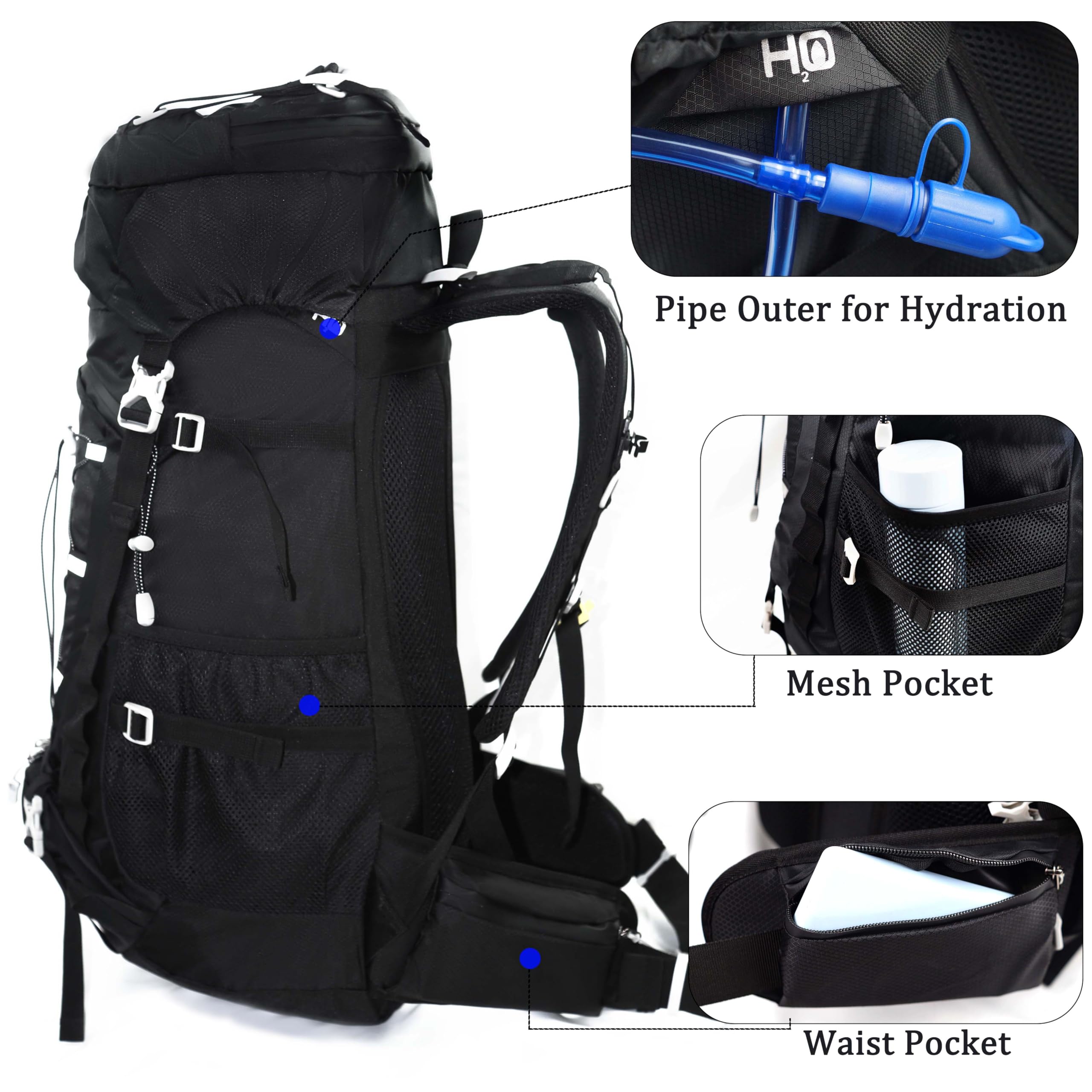 60L Reise-Wander-Camping-Rucksack mit Regenschutz, Rucksack wasserabweisend, Kletterrucksack for Männer Frauen(Black)
