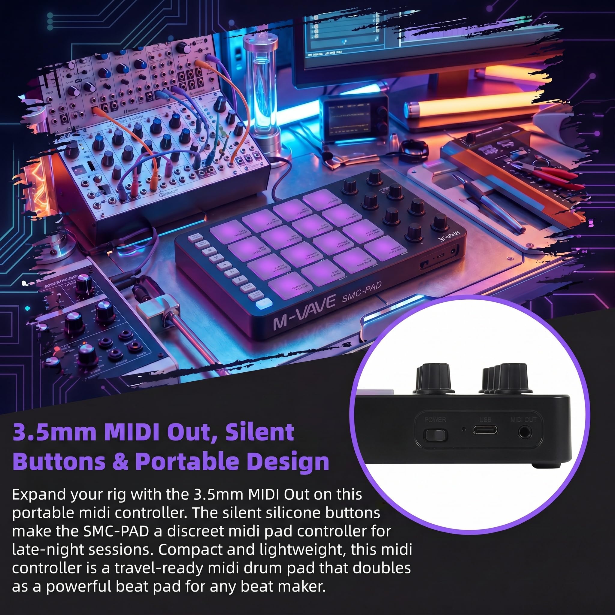 M-VAVE SMC-PAD Contrôleur MIDI portable sans fil Bluetooth avec coussinets sensibles à la vitesse, Beat Maker, câble audio blanc de 6,35 mm (noir)