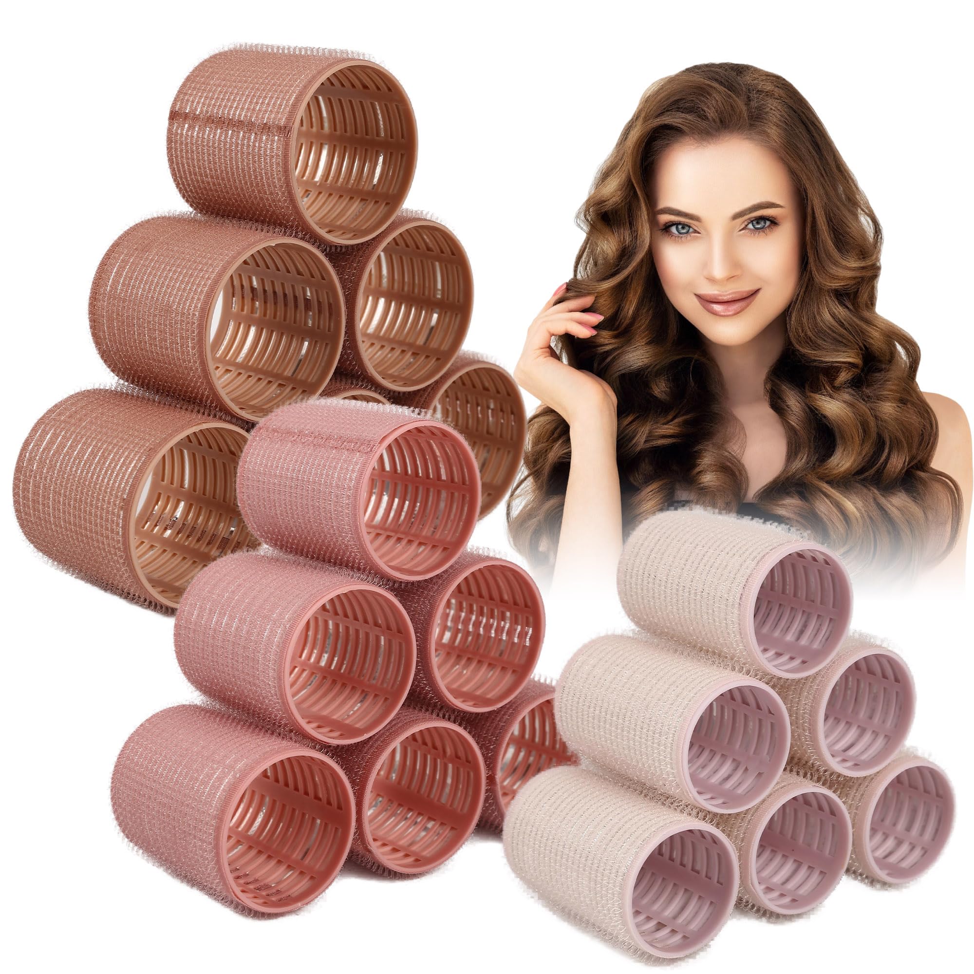 Bigodini Termici Ceramici,18 Pezzi Heatless Hair Curler Rollers,Bigodini Grandi per Volume,Ideale per le Donne dai Capelli Lunghi e Corti,3 Dimensioni(60,48,36 mm,Marrone,Rosa,Bianco)