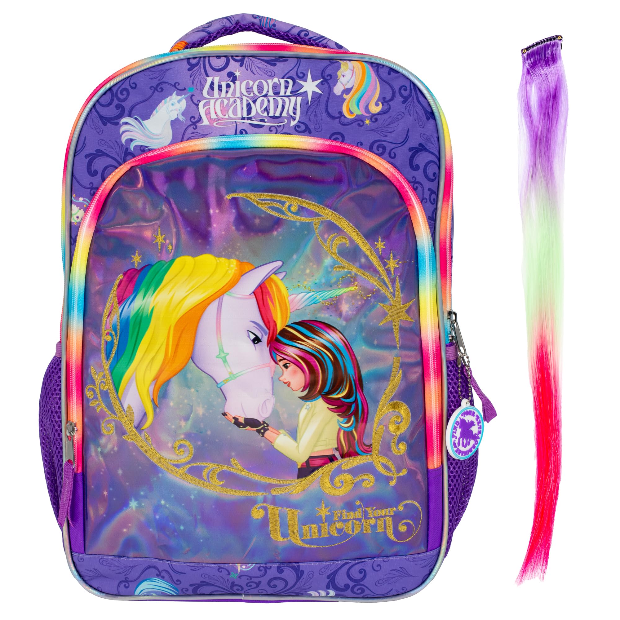 AI ACCESSORY INNOVATIONS Unicorn Academy 16” Backpack with Rainbow Hair Extension, School Bag for Girls Featuring Sophia & Wildstar, Purple