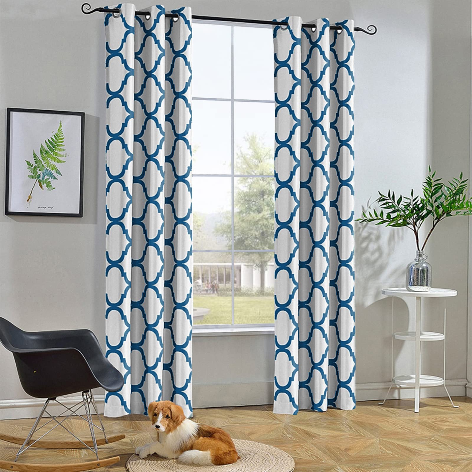 Melodieux Moroccan Fashion Room Darkening Blackout Grommet Curtain for Living Room/Bedroom, 42 by 84 Inch, Off White/Royal Blue (1 Panel)