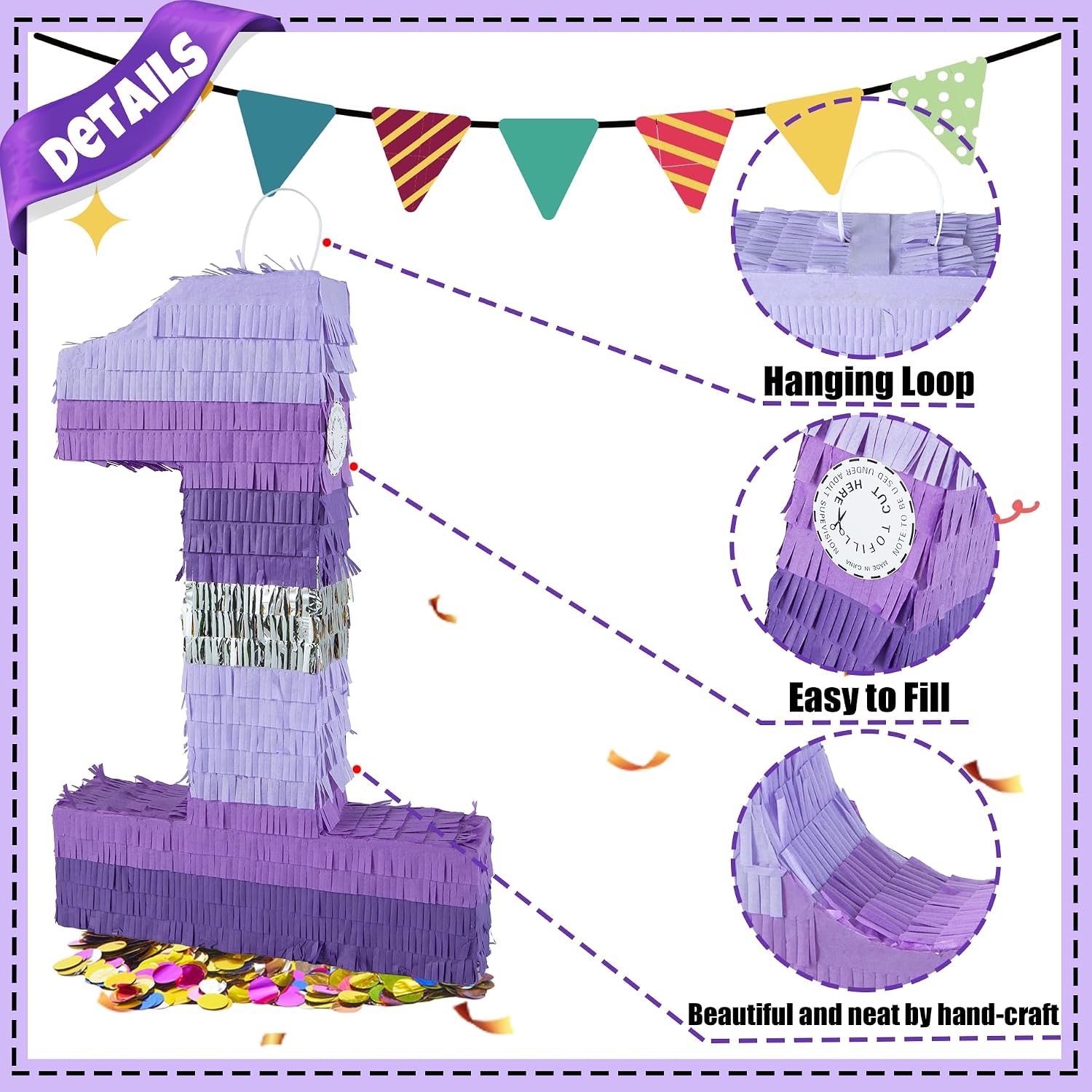 PCFING 20 Inch Number 1 Piñata Purple Silver with 30 Inch Piñata Stick Blindfold Confetti for Boy Girl Kids Birthday Party Decorations, Anniversary Celebration, Fiesta