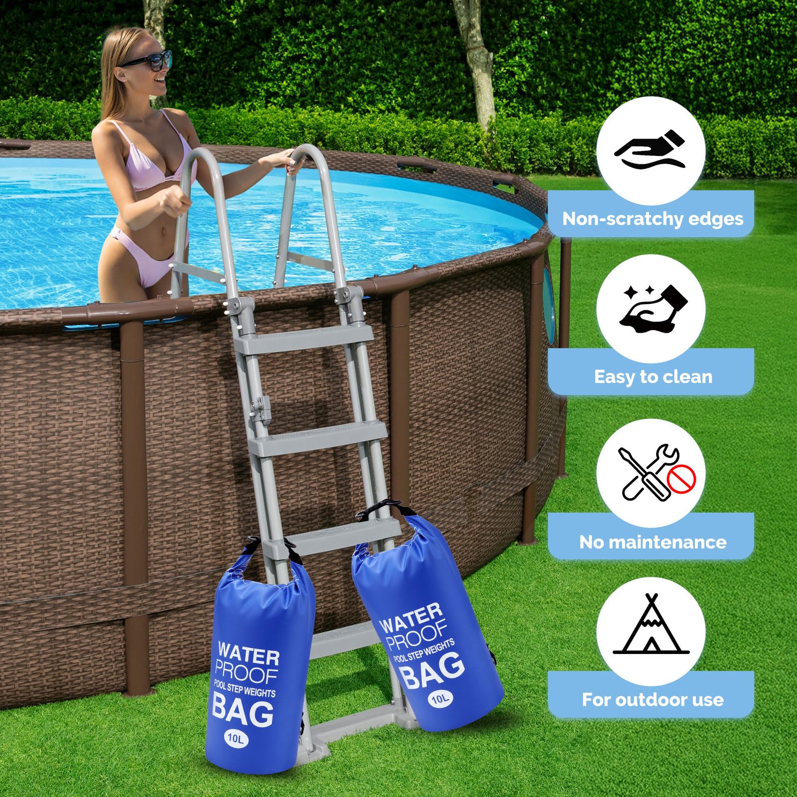 Goovilla Poolleiter-Gewichte, universal, 2 Stück, 20 l, 500D PVC, wasserdicht, reißfest, Sandsäcke für oberirdische Pool-Stufen, einfach zu befüllen und zu versiegeln, mit starkem Griff und 4 Gurten