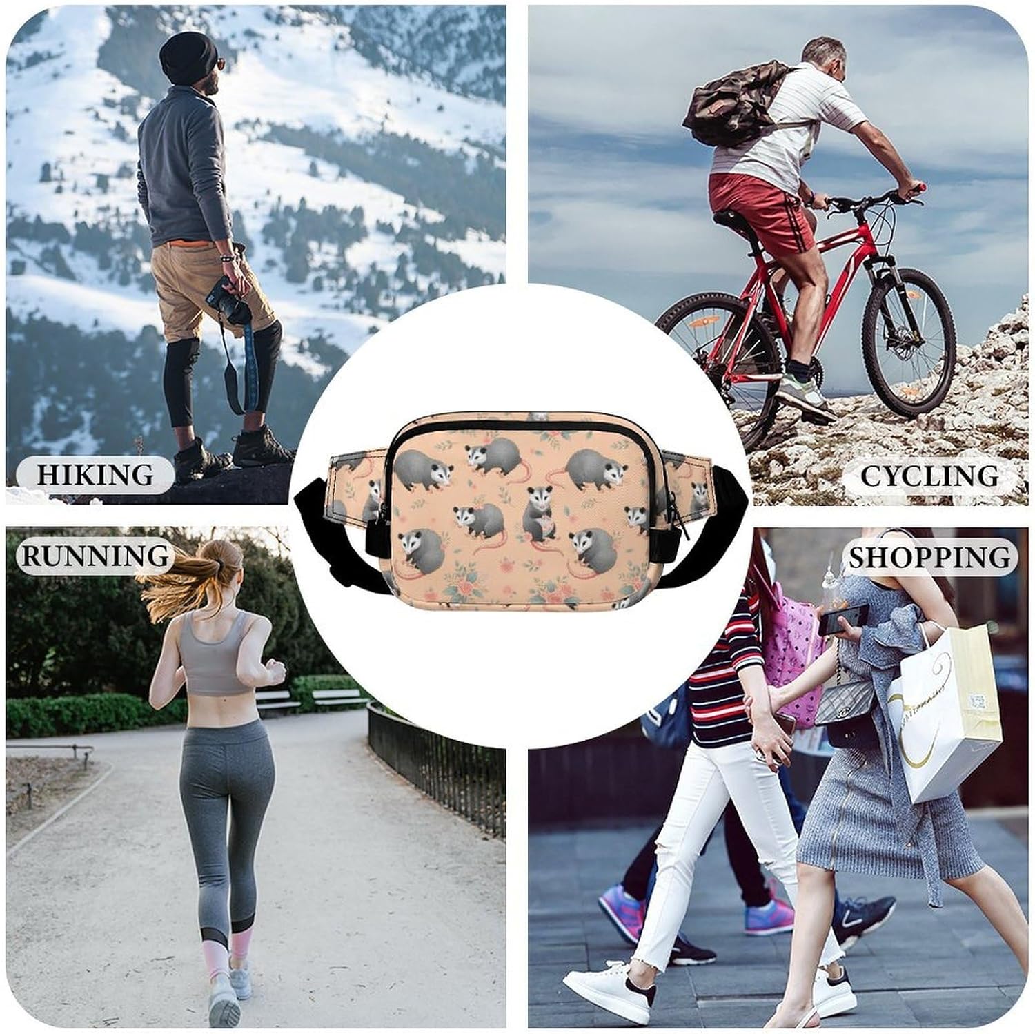 Casual Fashion Unisex Waist Bags with Adjustable Strap Befuddled Possums for Outdoor Sports Use, Portable Lightweight Fanny Pack