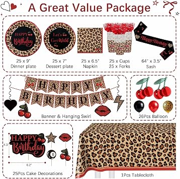 Red Cheetah Print Birthday Party Decorations Pack, 25 Guests Cherry Leopard Print Includes Cardstock Plates Tablecloth Banner Hanging Swirls Balloons Cake Topper for Women Girls Gone Wild