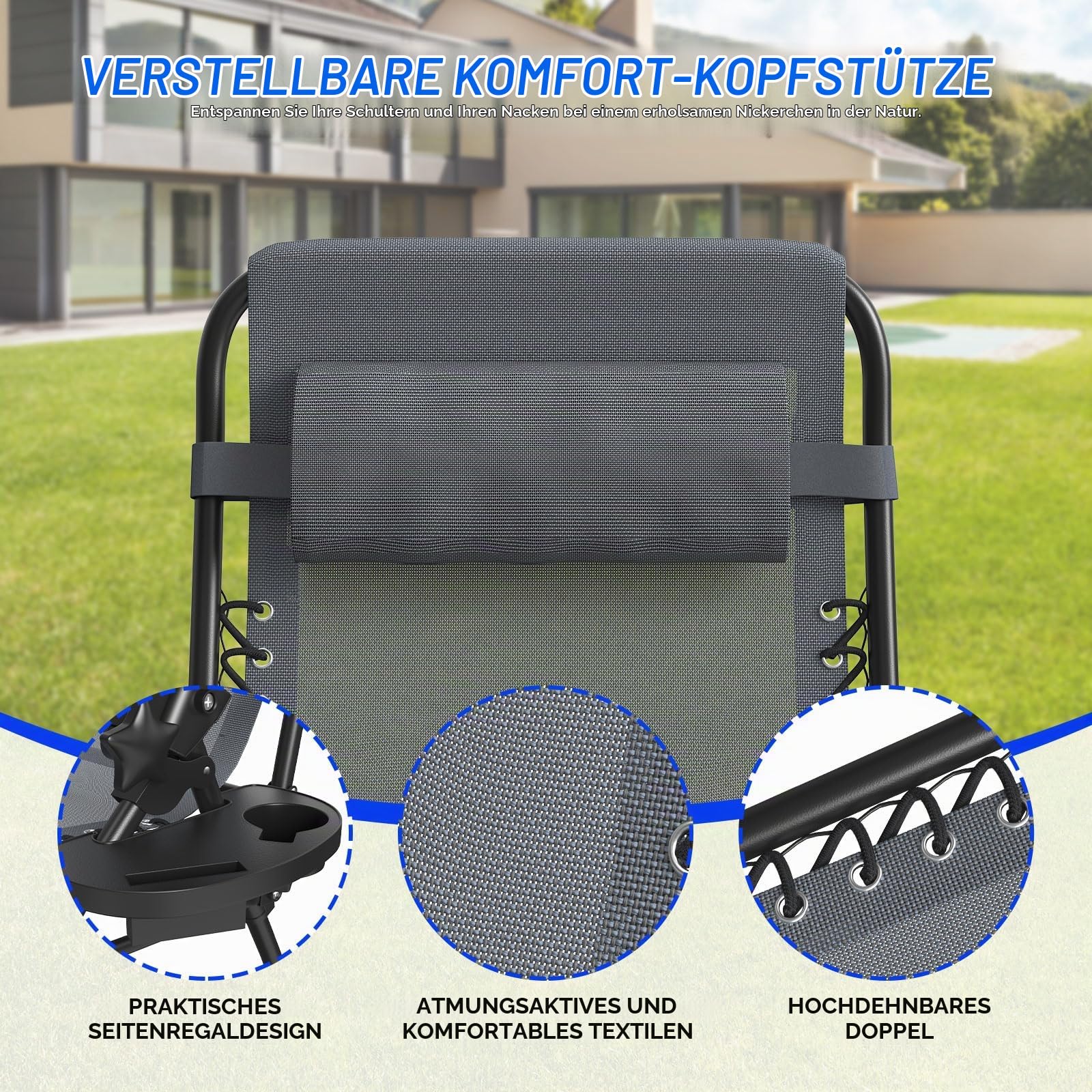 2er Set Klappbarer Liegestuhl, Gartenliege Extra Breit 64cm-Textilene-Relaxliege Verstellbar Rückenlehne mit Getränkehalter & Kissen, Faltbar Sonnenliege Tragbar für Camping Balkon, bis 120kg, Grey