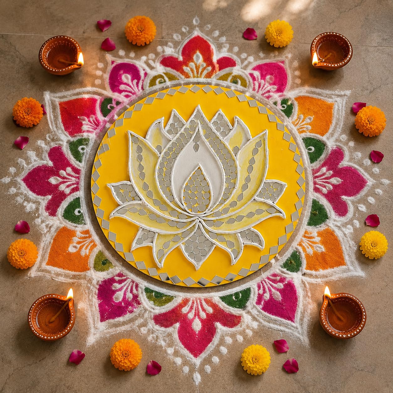 DIY Diaries Lotus Lippan Art Circular Mirror Wall Hanging (8x8 Inch) | Clay Mud Work Mandala Board for Festivals | Handcrafted Indian Boho Wall & Floor Decor For Home | Yellow-image-13