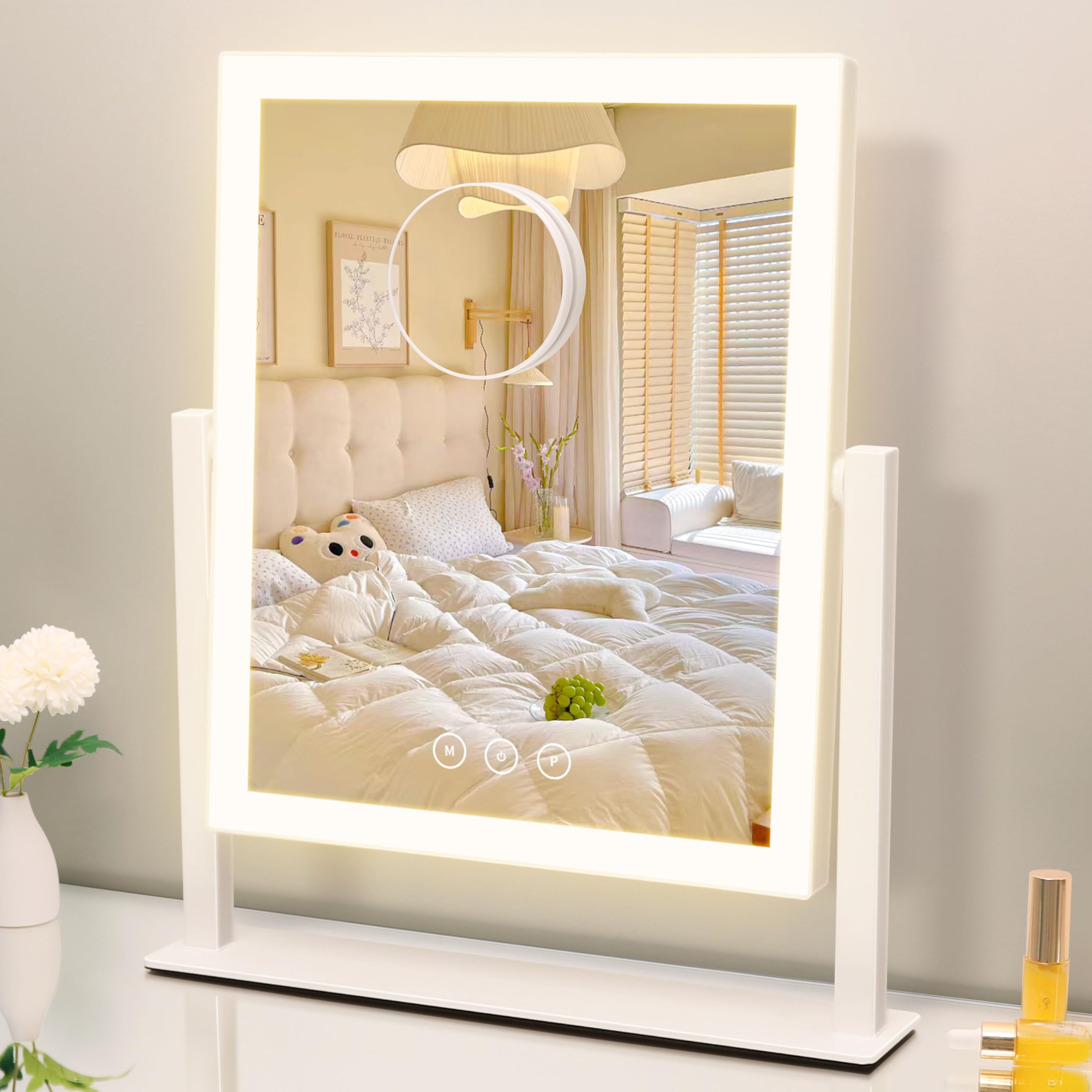 Vanity Mirror with Lights, Makeup Mirror with Lights Three Color Lighting Modes, Dimmable Touch Screen, Detachable 10X Magnifying Mirror, 360°Free Rotation,White