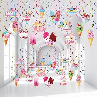 36 Pcs Ice Cream Party Decorations Ice Cream Hanging Swirls Colorful Swirl Dessert Cone Decor Ice Cream Party Supplies Ice Cream Theme Decoration Favors for Birthday Baby Shower Summer Holidays