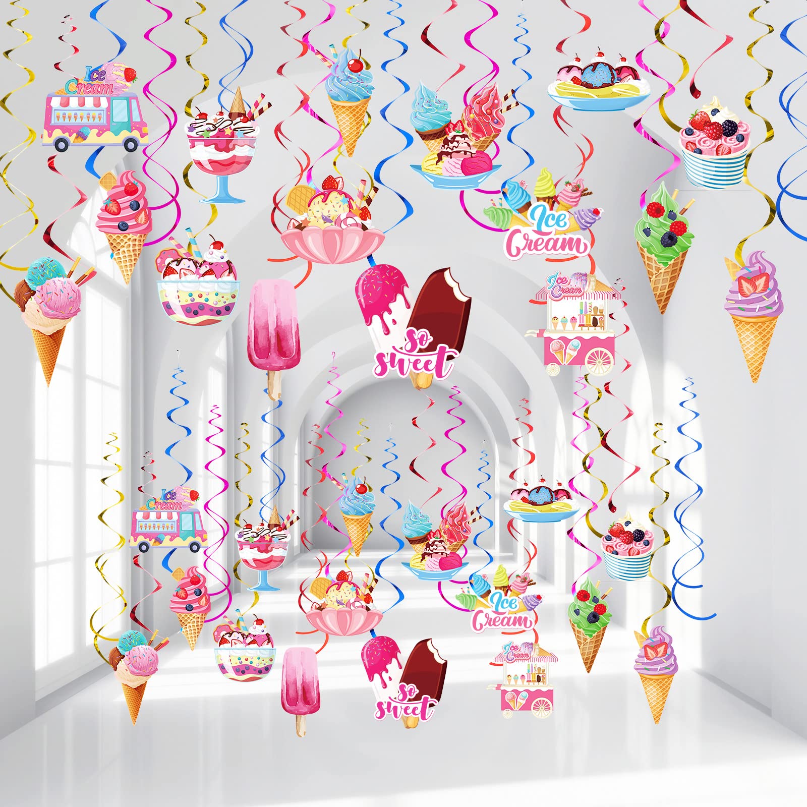 Faccito 68 Pcs Ice Cream Hanging Swirls Party Decor, Ice Cream | Colorful Dessert Cone Ceiling Decor, For Girls Birthday Summer Social Party Baby Shower, Double-sided Swirl Supplies