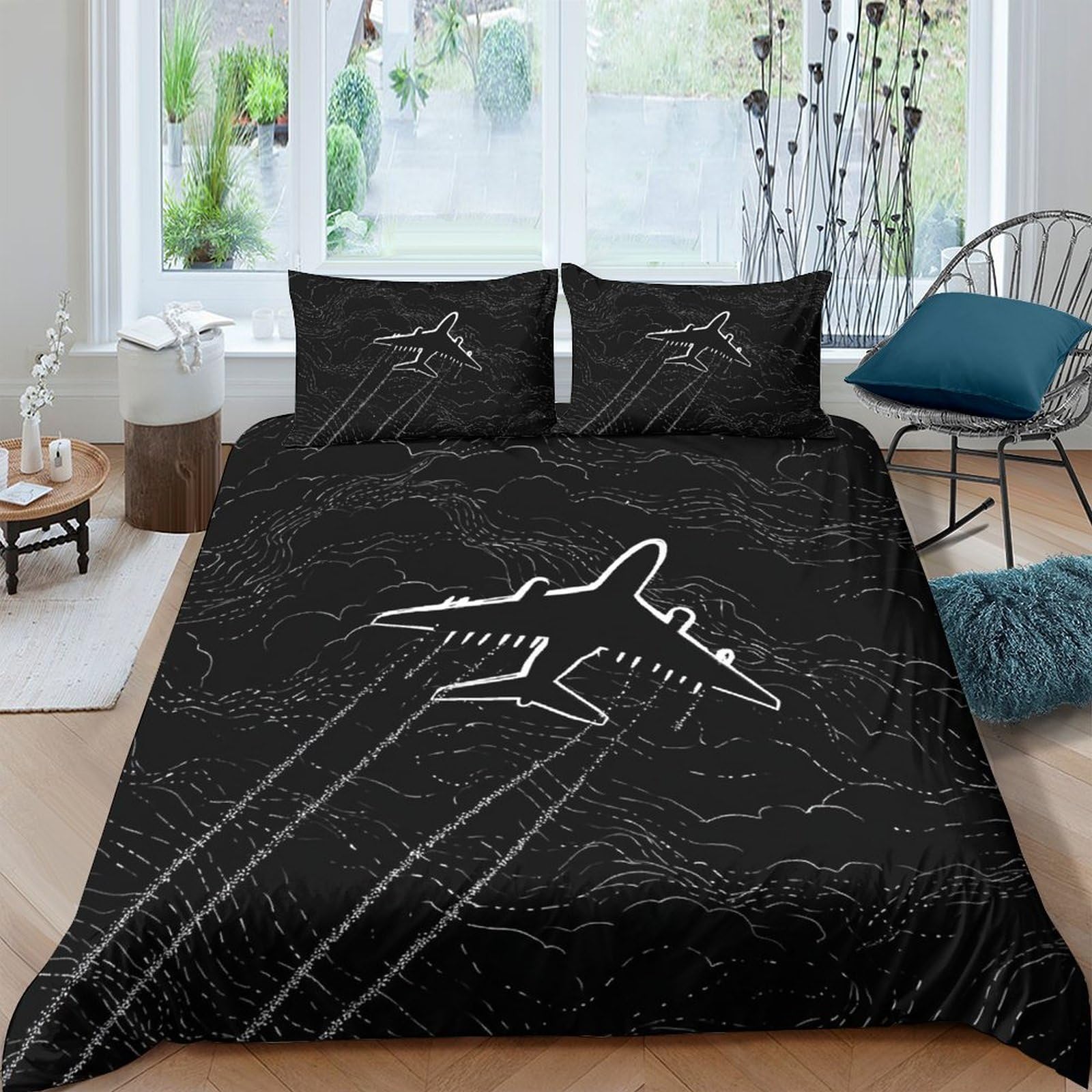 Ctjqhvkz Style-3 3D Printed Black Aircraft Fitted Sheet Microfiber Soft Airplane Bed Cover For Bedroom Dorm Mattress Protector Decor Single（135X200cm）