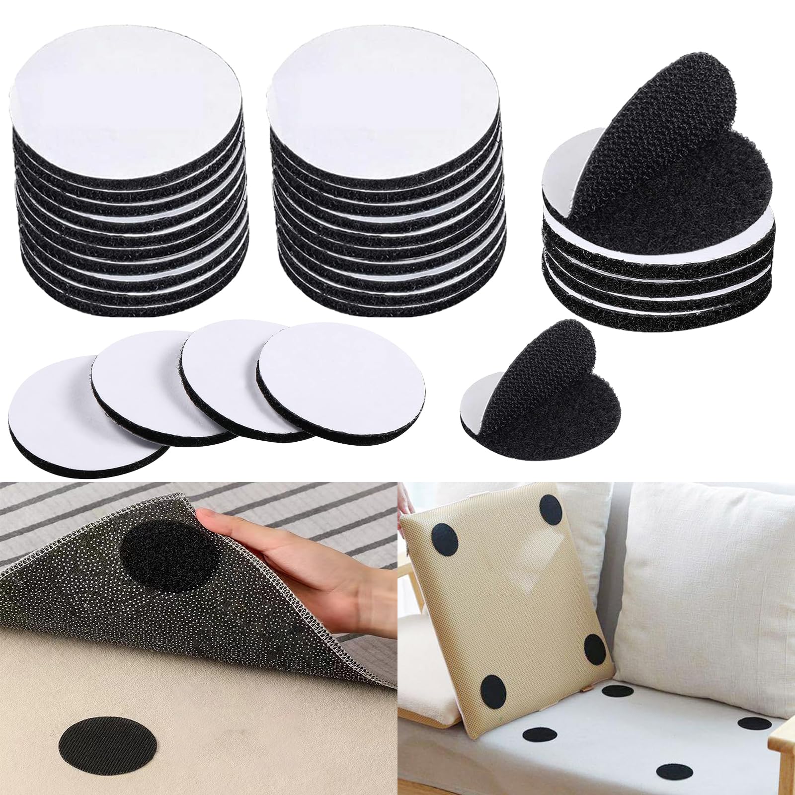 30pcs Velcro Tapes with Self Adhesive, Black Round Velcro Dots, Carpet Sticker for Floor, Fastener Interlocking Tape for Cushions, Carpet, Stair Treads Carpet, DIY Craft