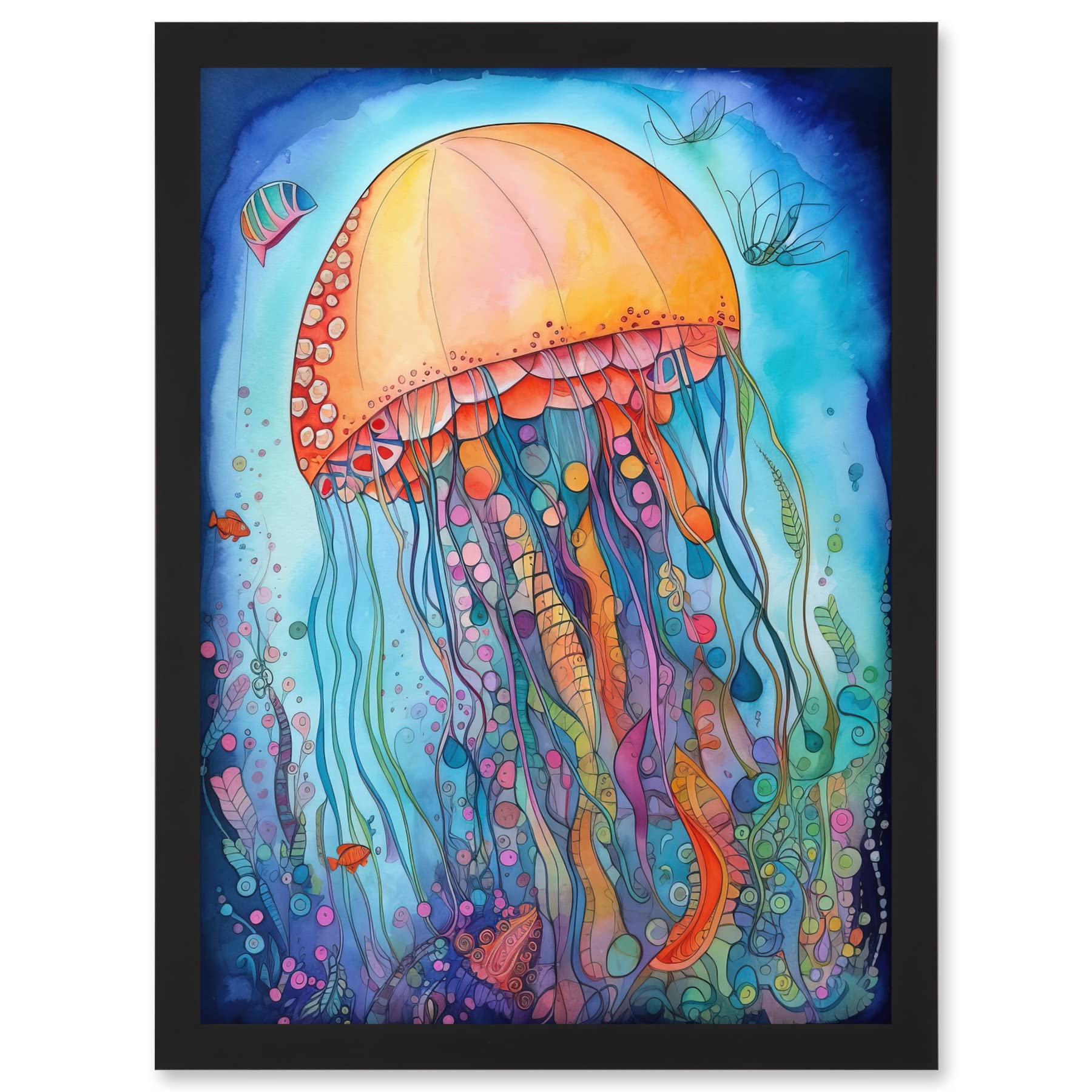 Artery8 Jellyfish With Aquatic Plants Folk Art Watercolour Painting Artwork Framed A3 Wall Art Print