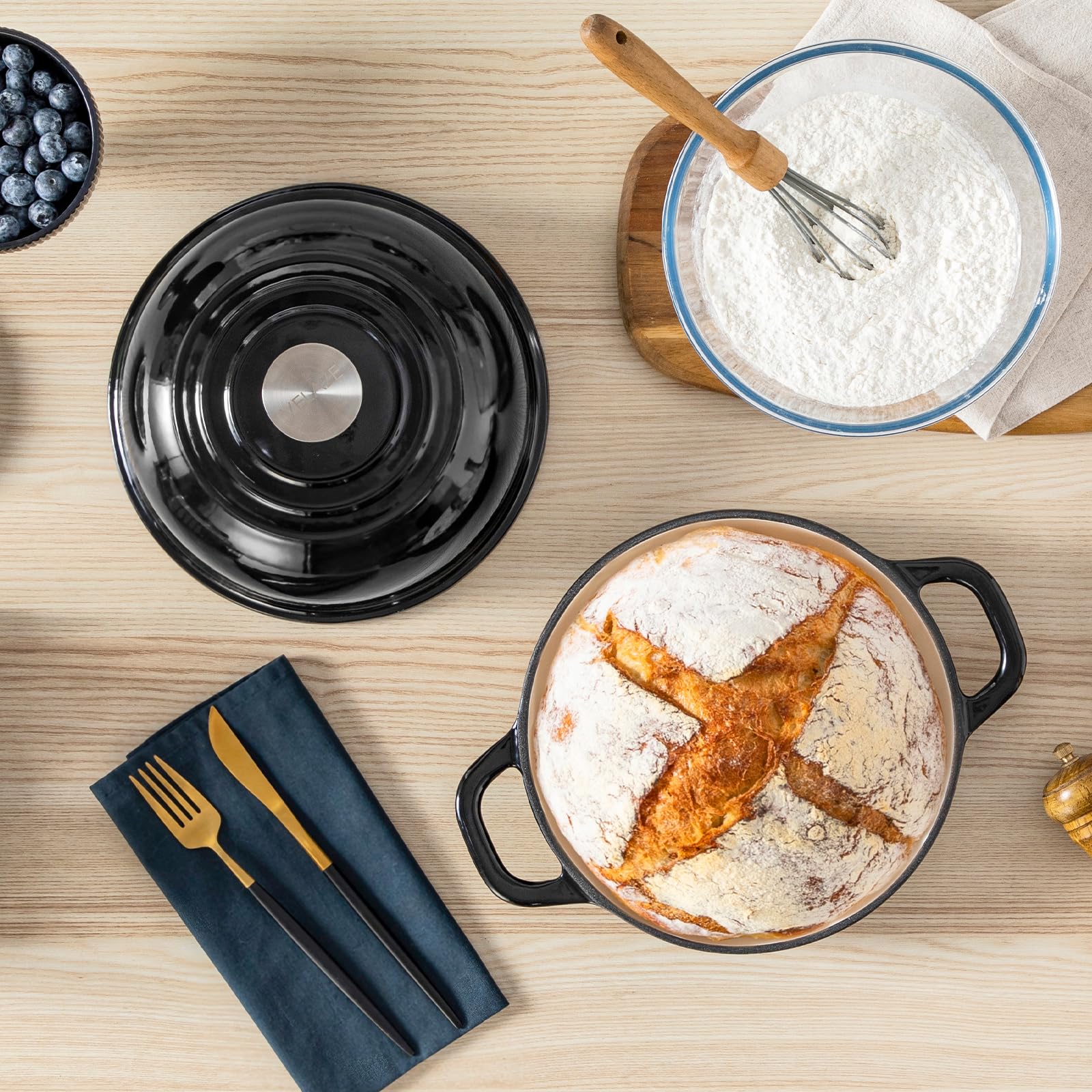 Velaze Gusseisen Topf Brot Backen, 4,8L Emaille Schmortopf mit Deckel und Griffen, 26 cm Brotbacktopf, Bräter Gusseisen, Dutch Oven für Küche Backen Schmoren & Braten (Schwarz)