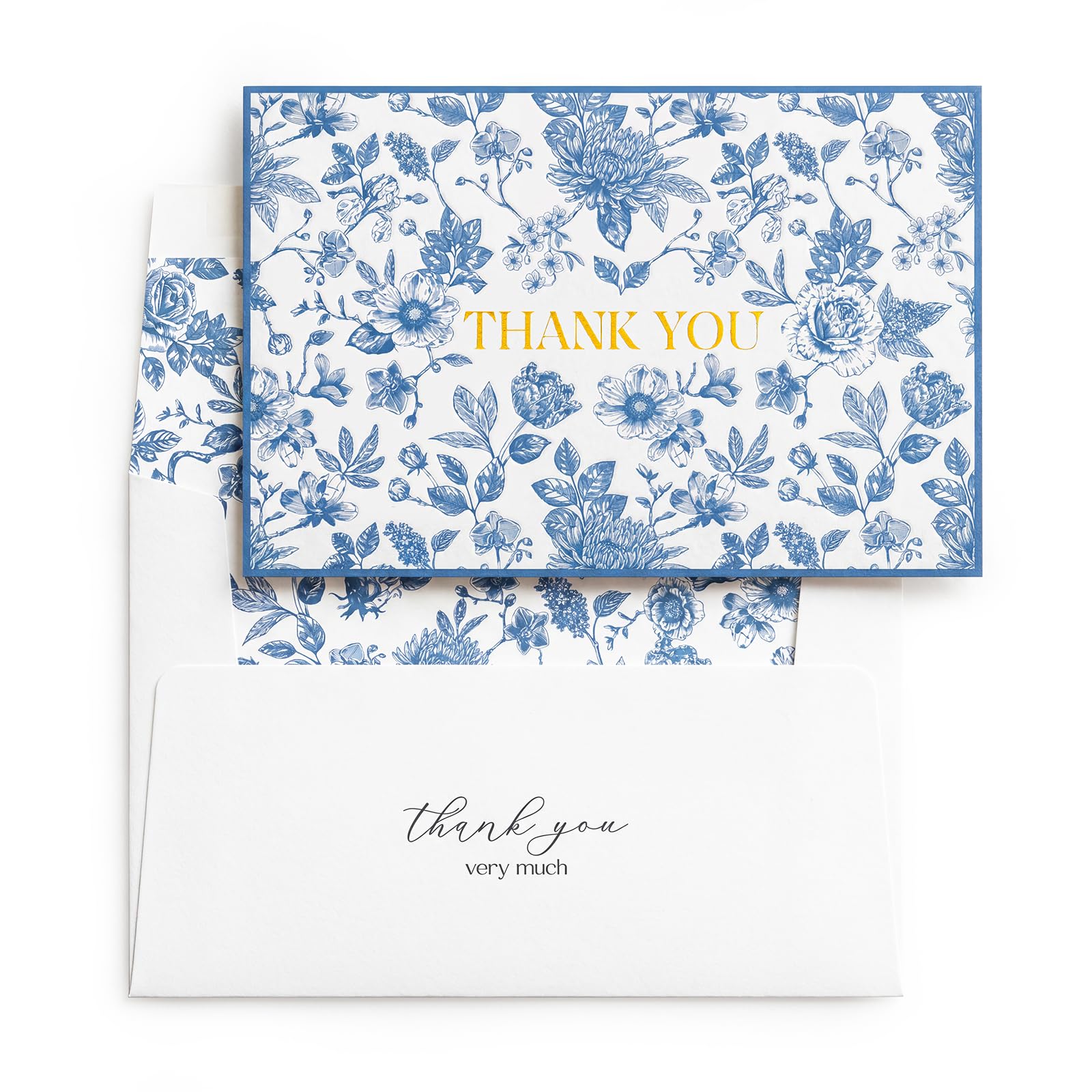 Crisky Lot de 50 cartes de remerciement florales bleues en feuille d'or avec enveloppes et autocollants pour anniversaire, fête prénatale, fête prénuptiale, mariage, remise de diplôme, affaires