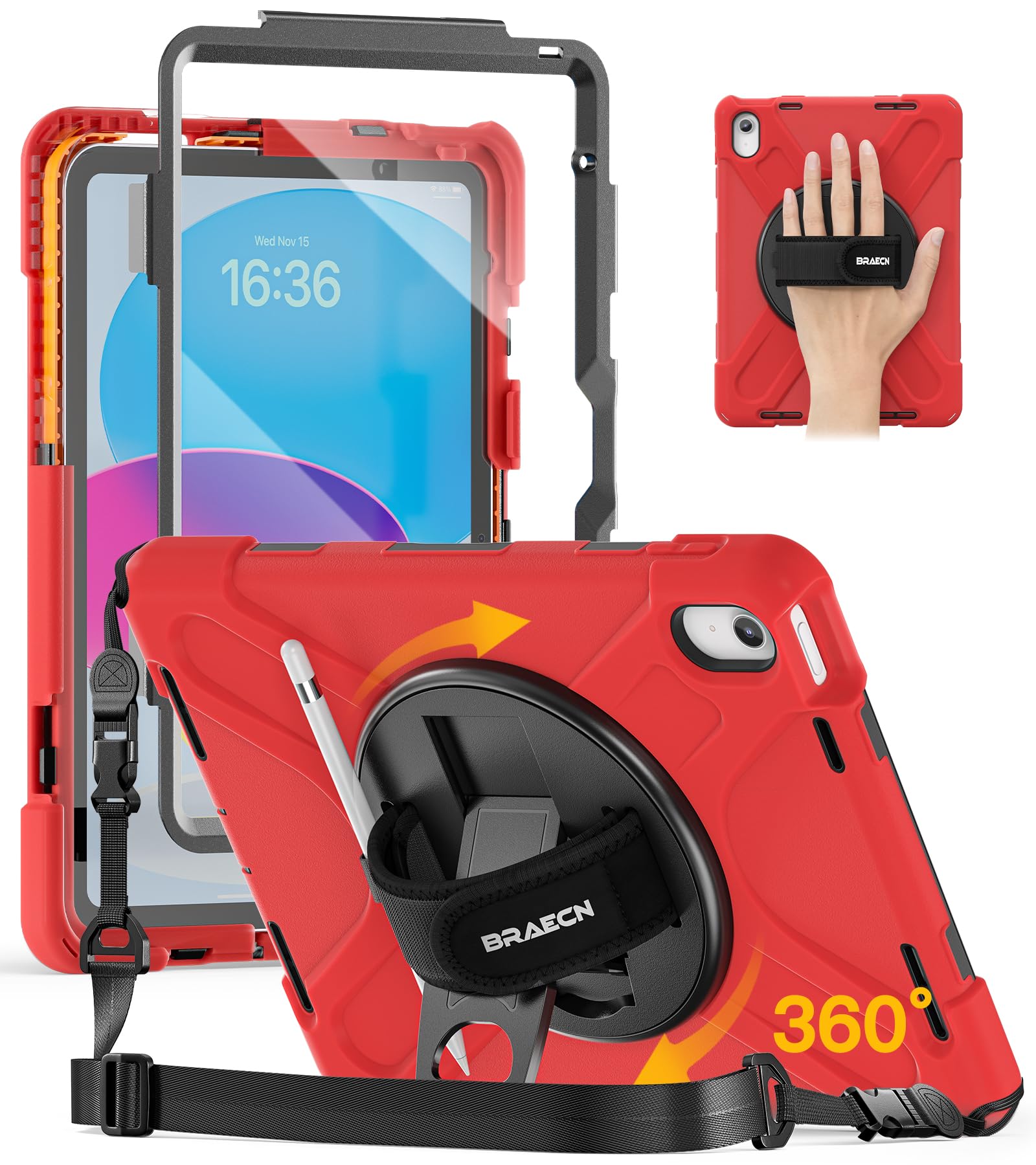 BRAECN for iPad (A16) 11th/10th Generation case 11/10.9 inch 2025/2022 Heavy Duty Shockproof Protective with Pencil Holder Screen Protector 360°