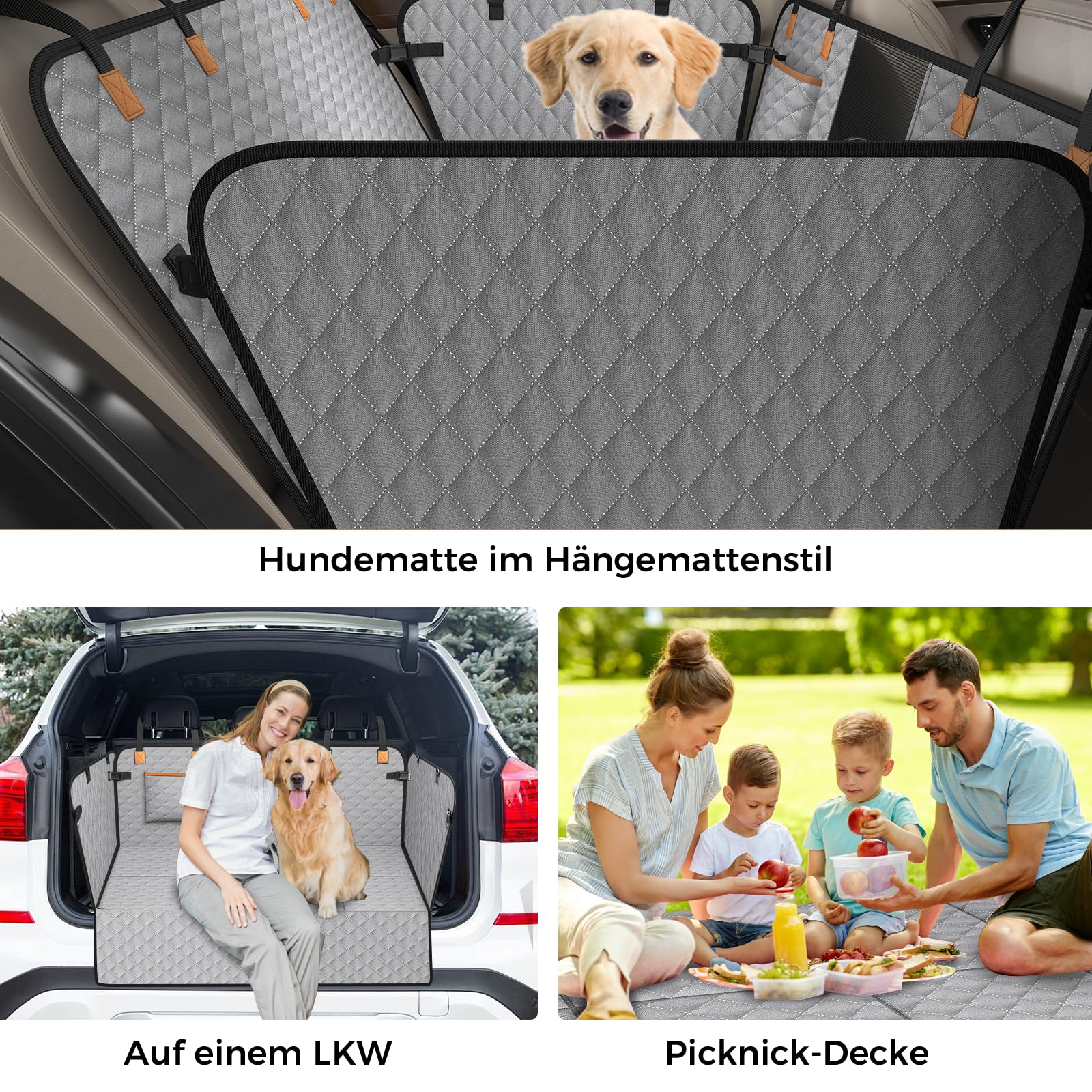 Protector Coche Perros Asiento Trasero, Impermeable, Resistente a Los Arañazos, Asiento Trasero para Perro, con 8 Paneles de Madera Dura, para la Mayoría de Coches, Gris
