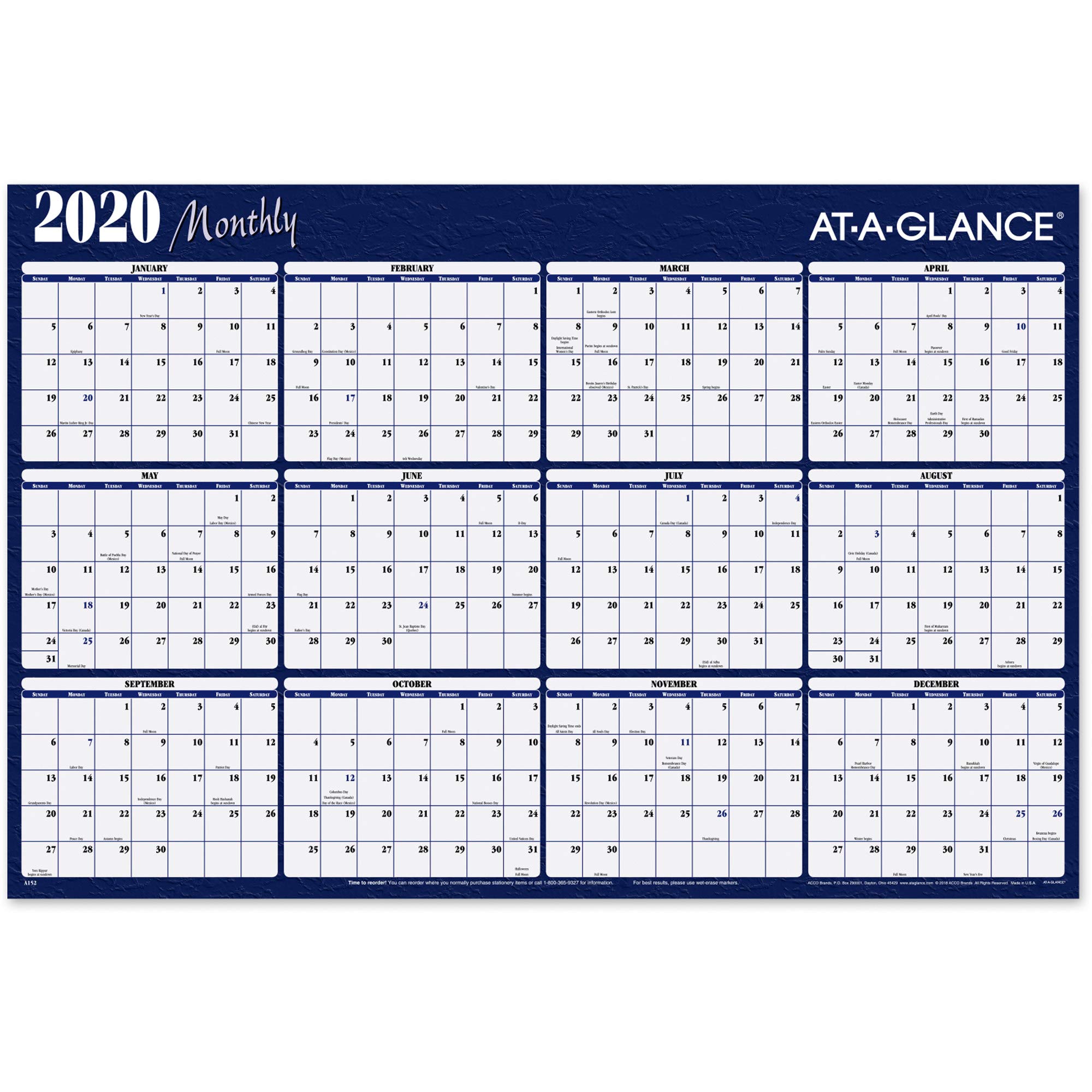 AT-A-GLANCE Visual Organizer Horizontal Erasable Wall Planner, Large Wall, Burgundy and Navy Blue, 2012 (A152)