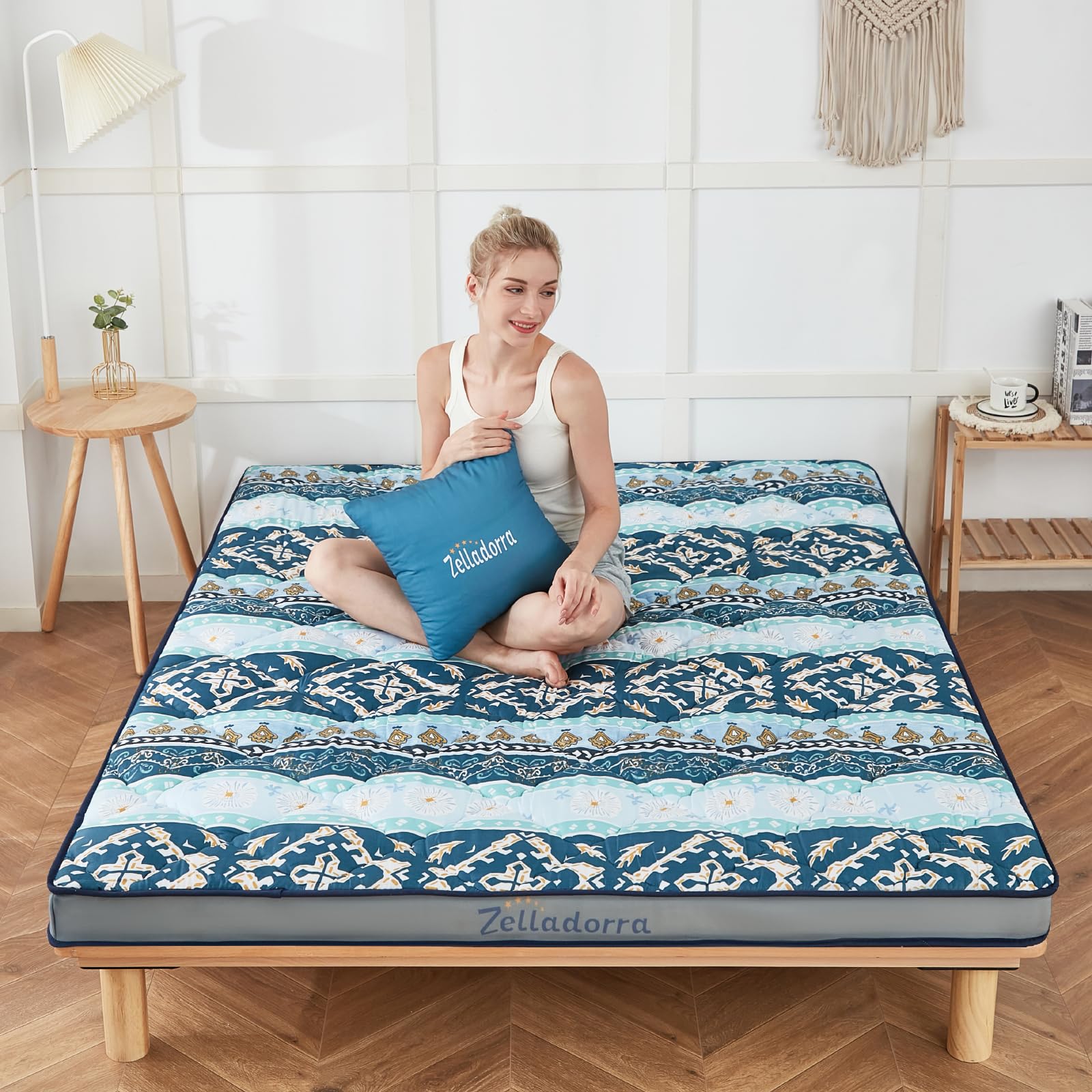 Japanese Floor Mattress, Thick Futon Mattress with Bed Pillow, Roll Up Floor Sleeping Mat Tatami Mattress Suitable for Guest, Camping, Bohemian Blue,Twin