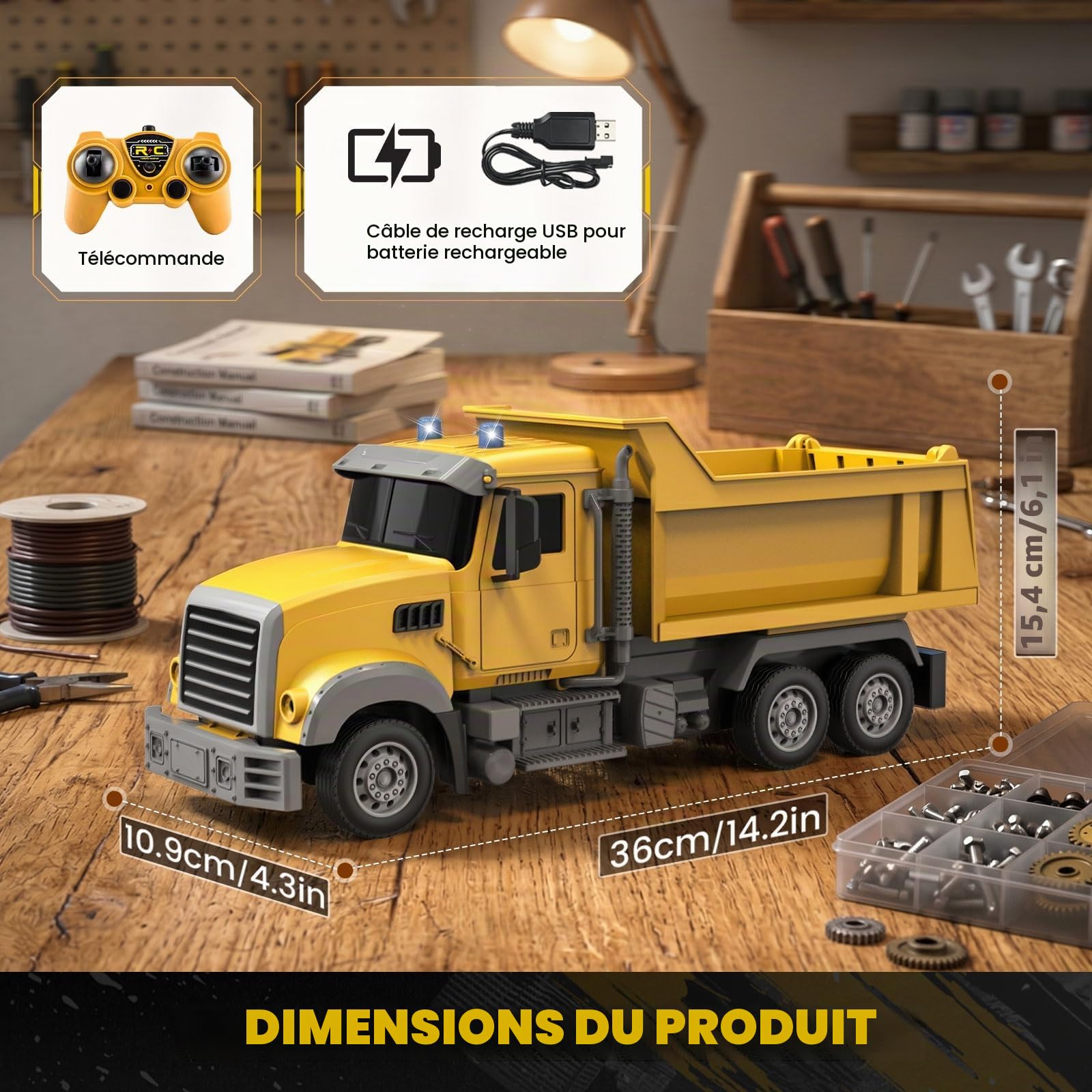 YESHIN Camion benne RC télécommandé 1:24, camion de chantier télécommandé à 6 canaux avec lumière, télécommande 2,4 GHz, benne basculante électrique, véhicule de chantier tout-terrain, jouet pour