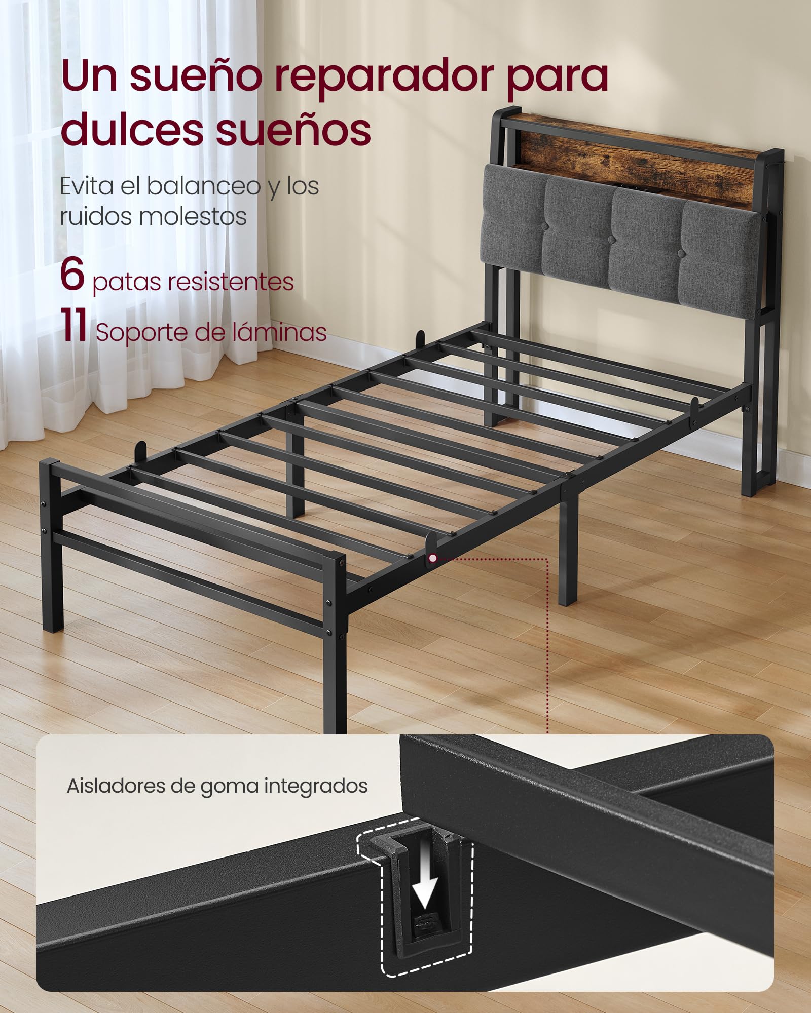 VASAGLE Estructura de Cama de Acero para Colchón de 90 x 190 cm, con Cabecero Tapizado, Luces LED y Enchufes, 208,9 x 90,5 x 104,5 cm, Negro Mate y Marrón Rústico, Colección Dupon RMB121G101