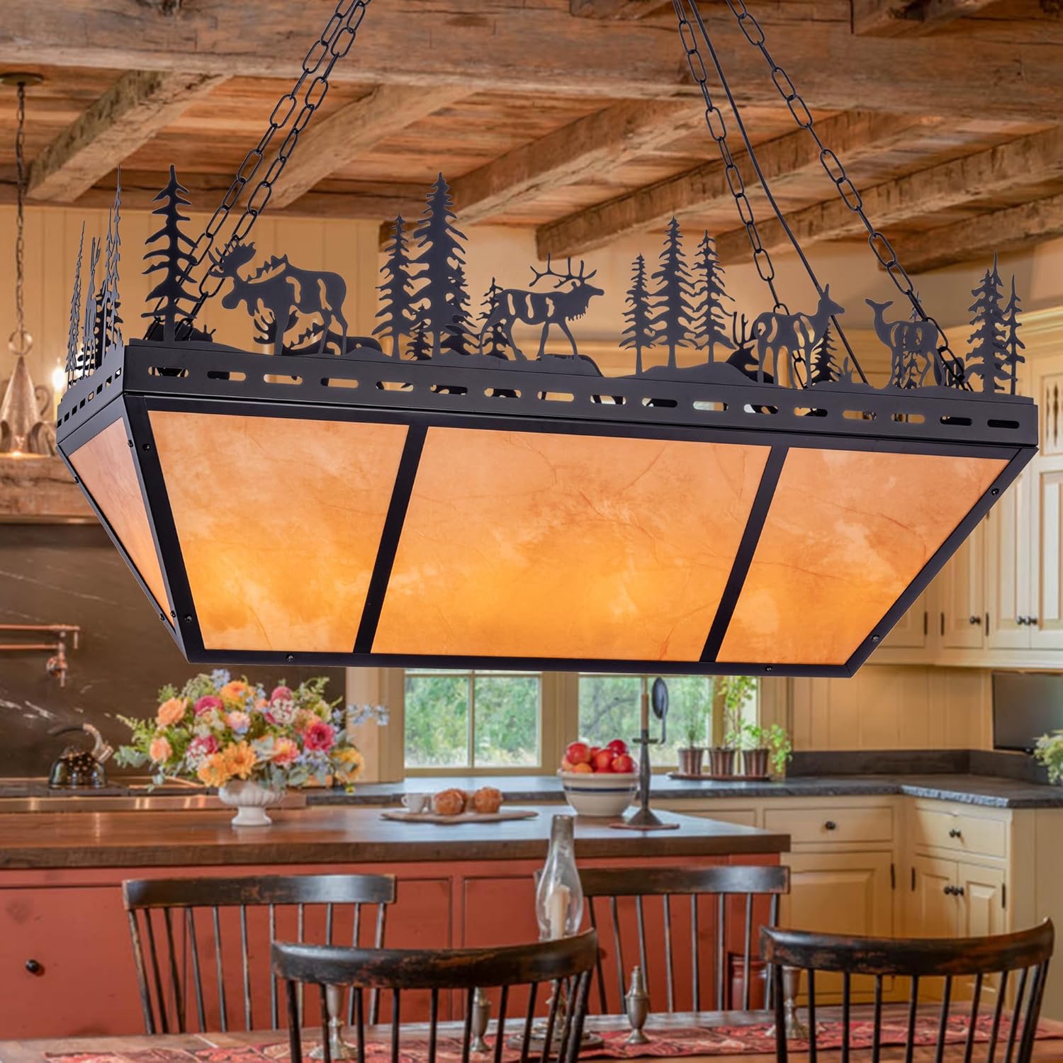 TOCHIC Vintage Pool Table Light and Farmhouse Kitchen Island Chandelier, 6-Light Rustic Fishing Billiard Light Western Deer Pendant Lights for Billiards Table, Game Room, Man Cave, Dining Room, Cabin