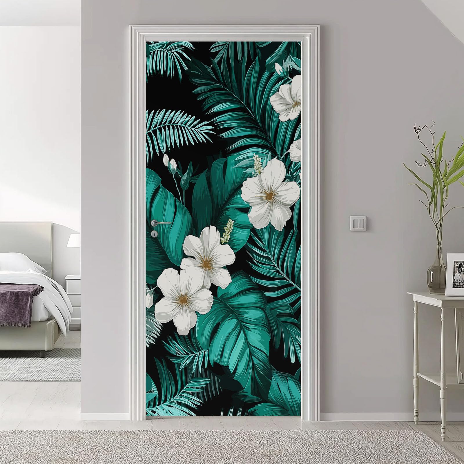 Czarno-niebieska roślina kwiaty folia na drzwi, plakat na drzwi, plakat 80 x 210 cm – wodoszczelna, zdejmowana naklejka na drzwi PCW, wzór tropikalnych liści, samoprzylepna naklejka ścienna do