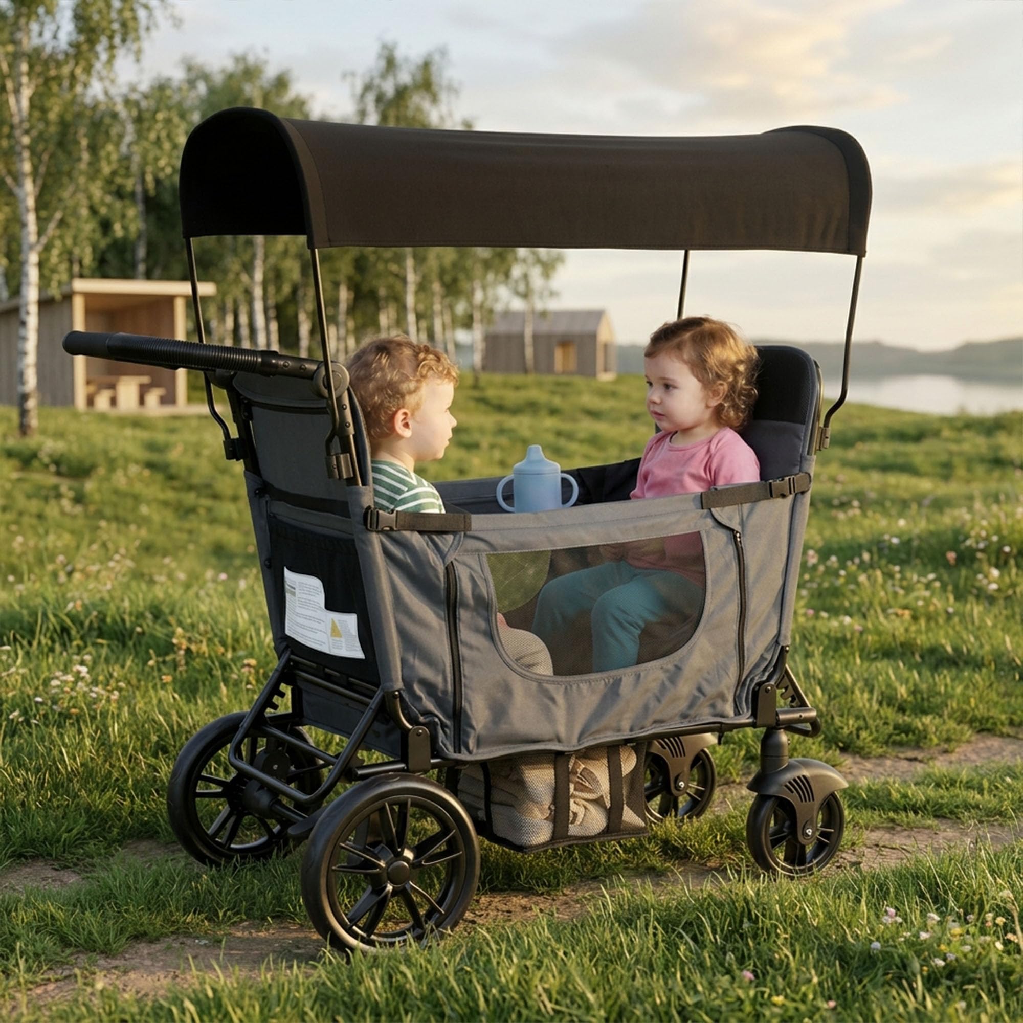 SACOOL Carrello per 2 bambini, pieghevole, grigio scuro, convertibile da sedile a letto, maniglia regolabile in 8 posizioni, tettuccio parasole, vassoio, cintura a 5 punti, ruote in poliuretano con