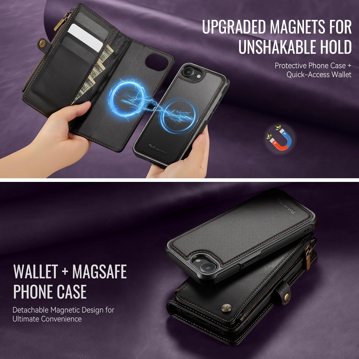 Defencase for iPhone 17E/ 16E Magnetic Wallet Case Compatible with Magsafe with RFID Blocking Zipper Pocket & Card Holder for Women Men, PU Leather Strap Detachable Case for iPhone 16e & 17e, Black